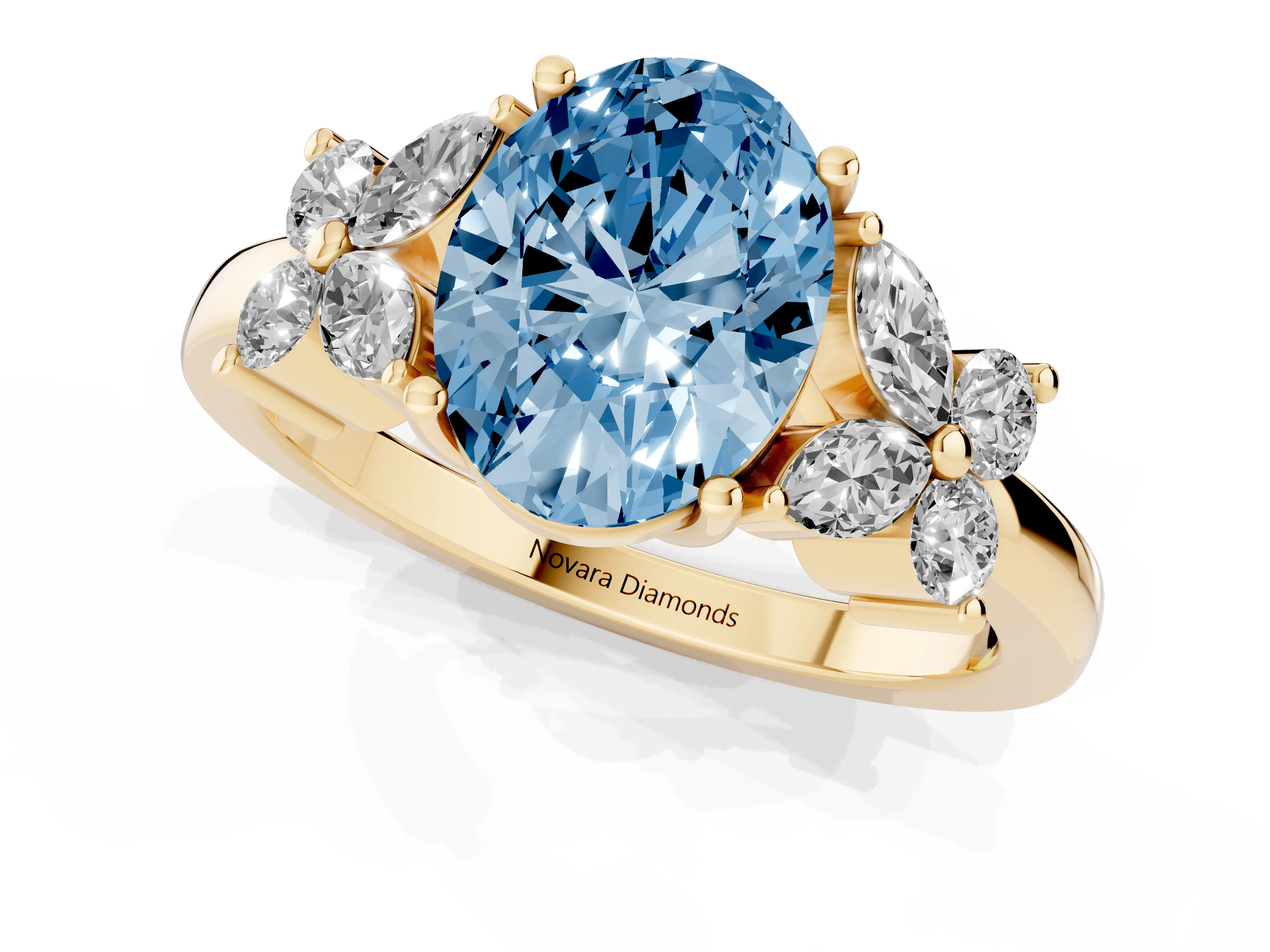 Fancy Blue Oval Cut Diamond Floral Cluster Ring Set in Yellow gold with Marquise Petals and Prong Setting