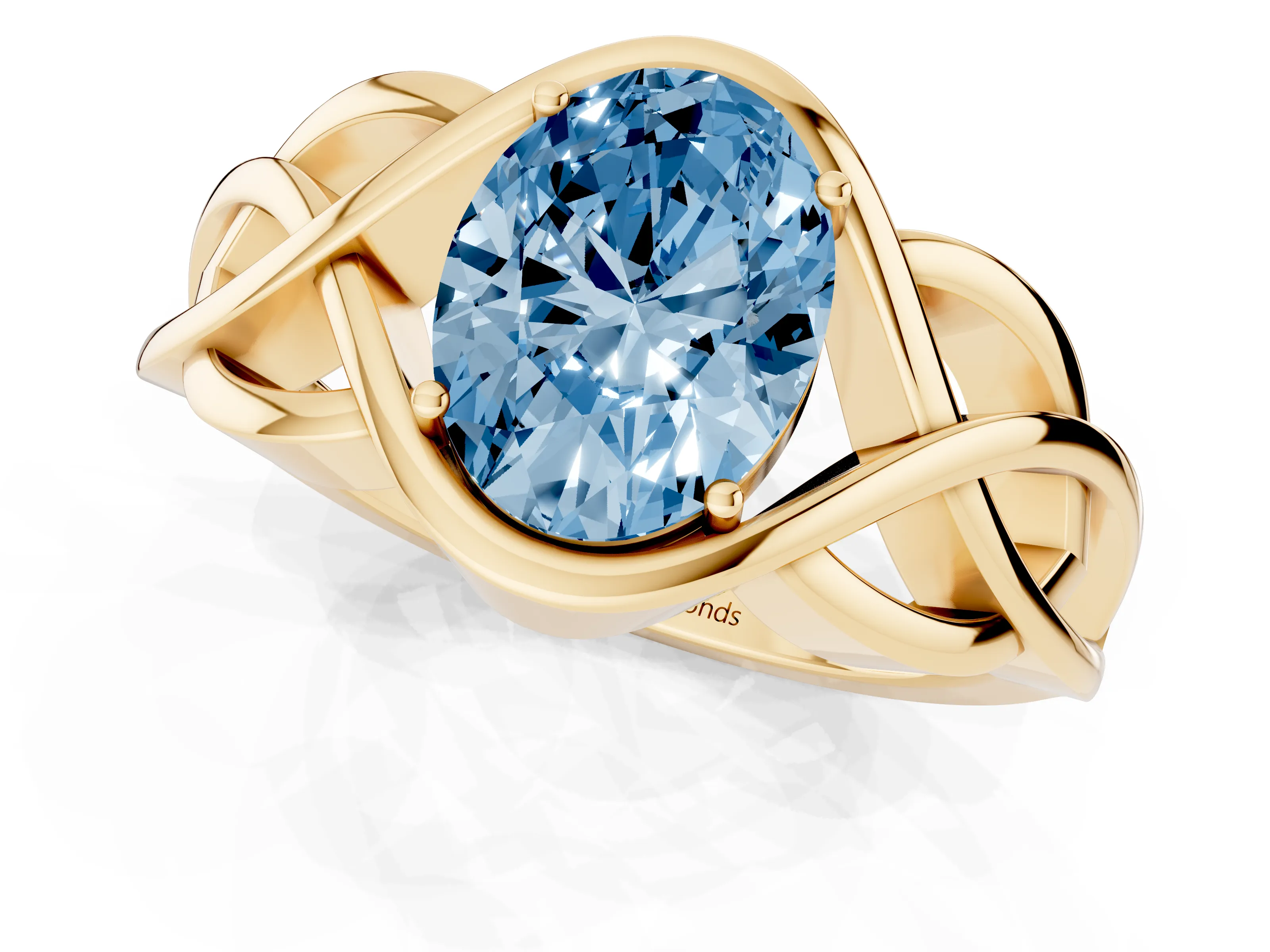 Fancy Blue Oval Cut Diamond Solitaire Ring Set in Yellow gold with Intertwined Band
