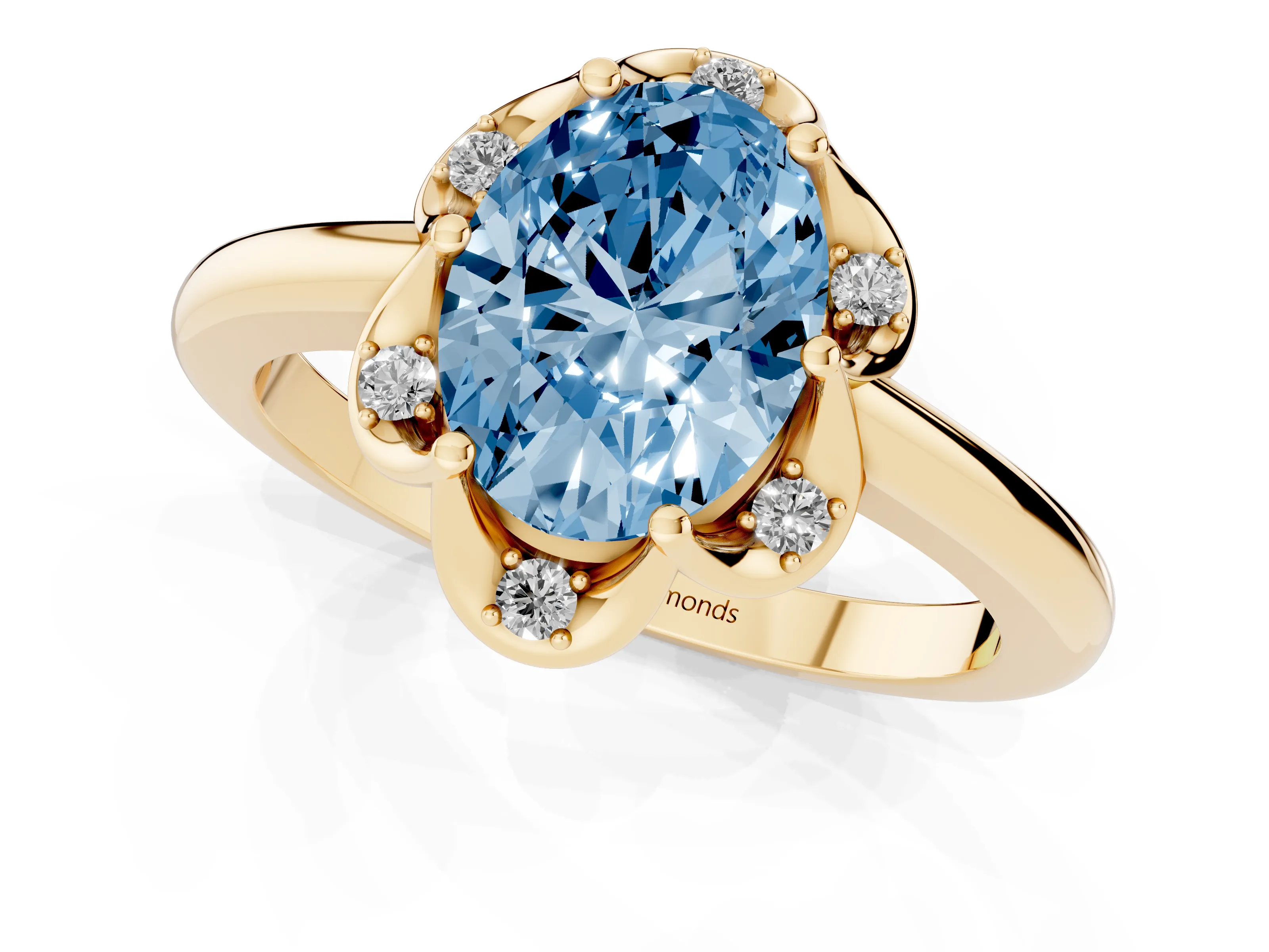 Fancy Blue Oval Cut Diamond Round Cluster Halo Ring Set in Yellow gold with Solitaire Band and Prong Setting