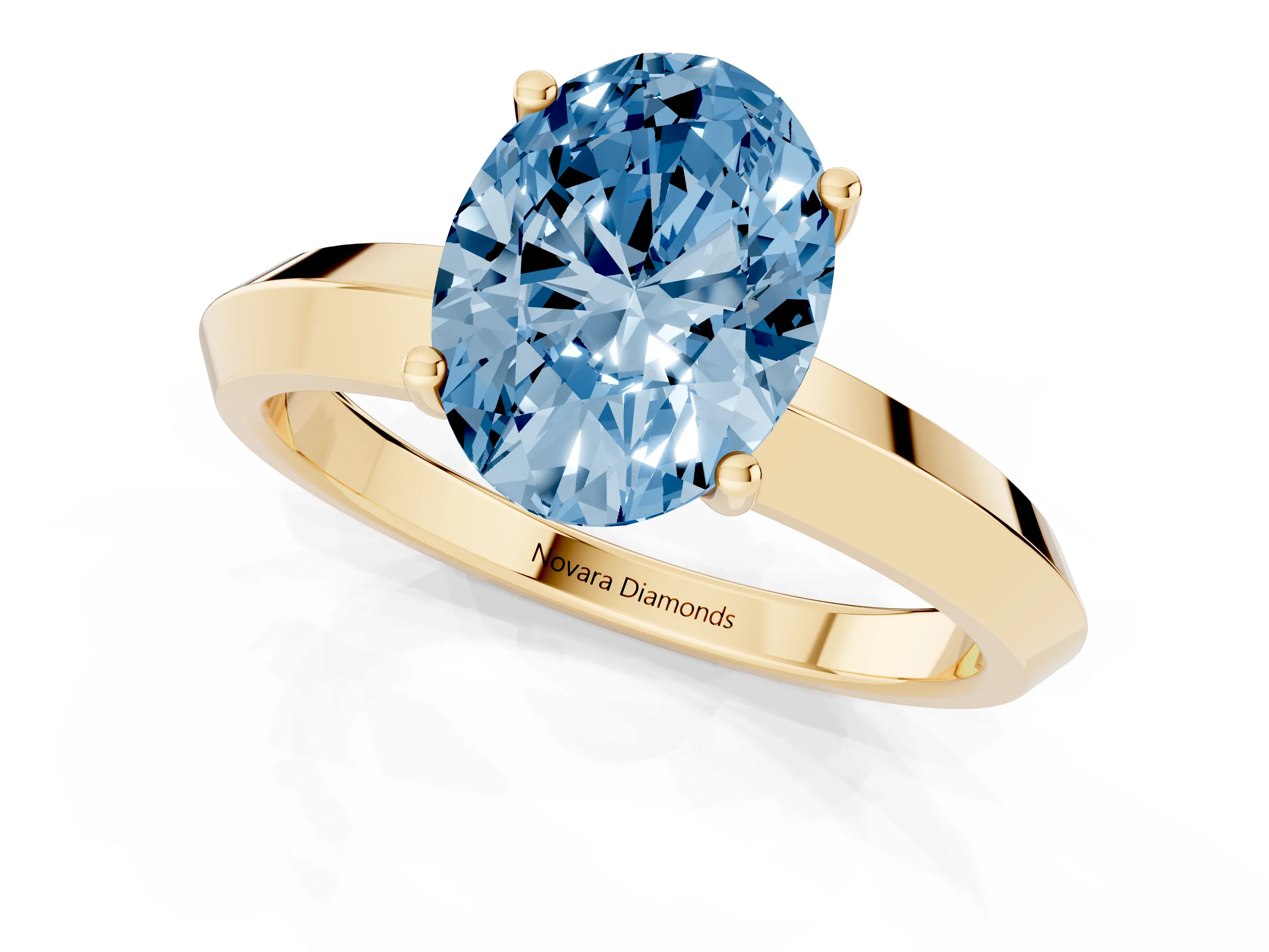 Fancy Blue Oval Cut Diamond Solitaire Engagement Ring Set in Yellow gold with Flat Band and Prong Setting
