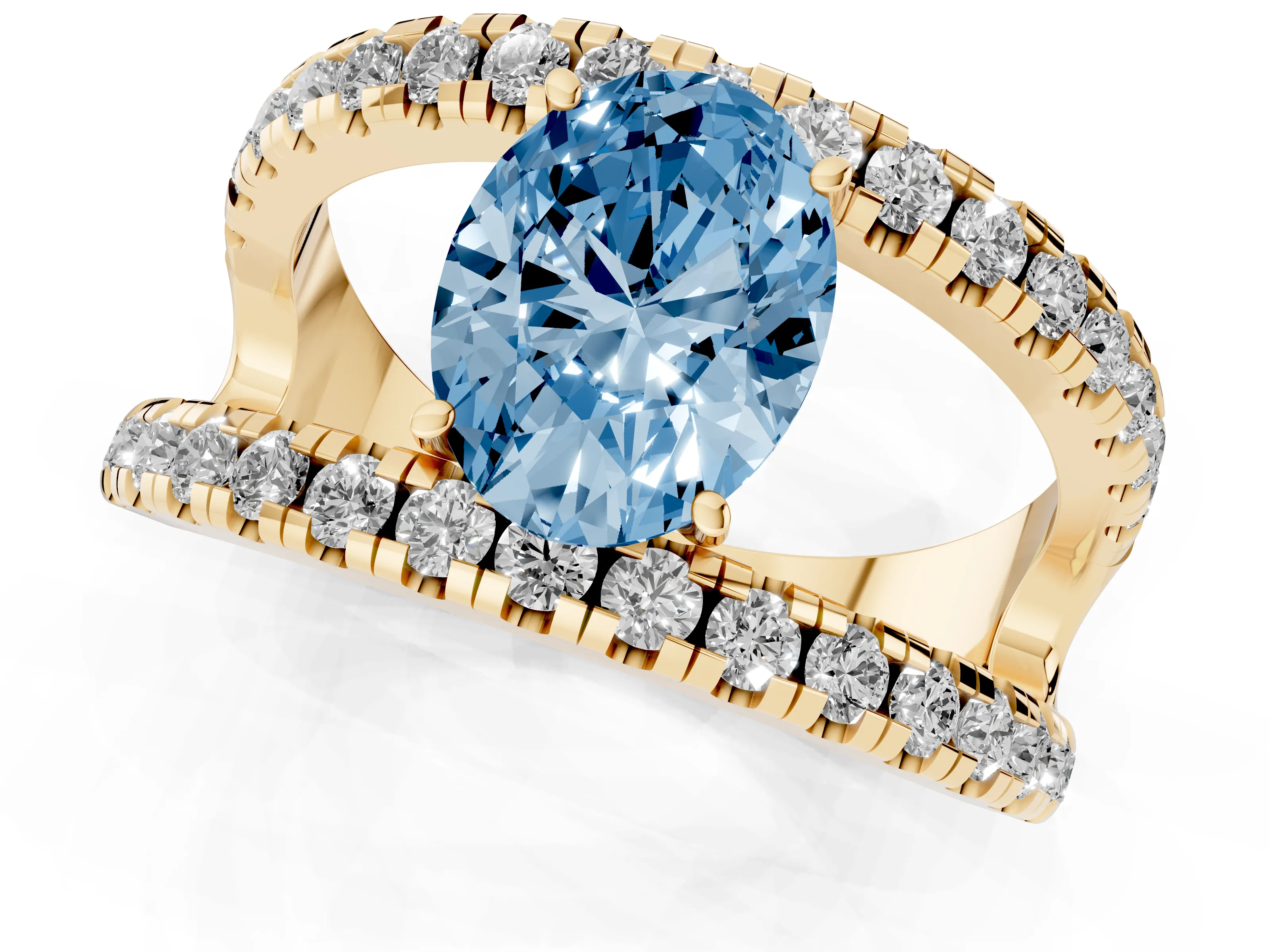 Fancy Blue Oval Cut Diamond Split Shank Pavé Solitaire Ring Set in Yellow gold with Open Shank Design
