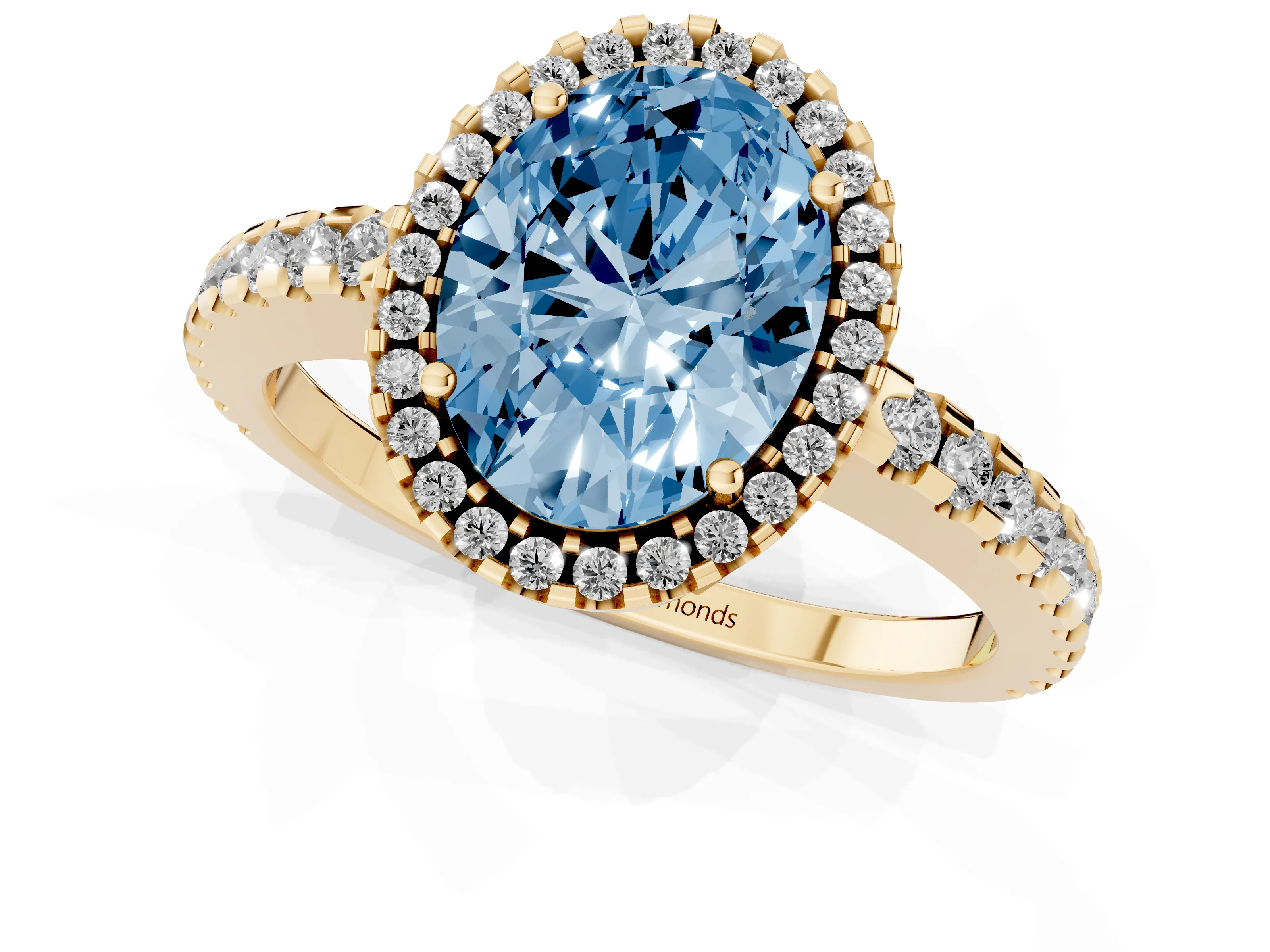 Fancy Blue Oval Cut Diamond Halo Ring Set in Yellow gold with Pavé Shoulders and Halo-Framed Center