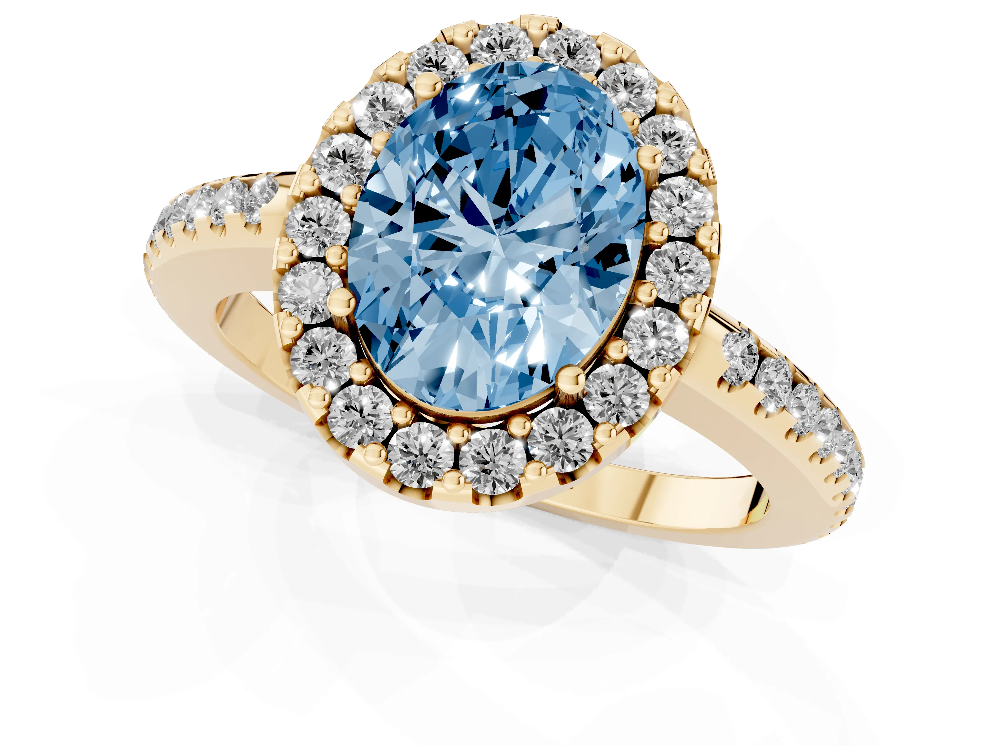 Fancy Blue Oval Cut Diamond Pavé Halo Ring Set in Yellow gold with Prong Setting