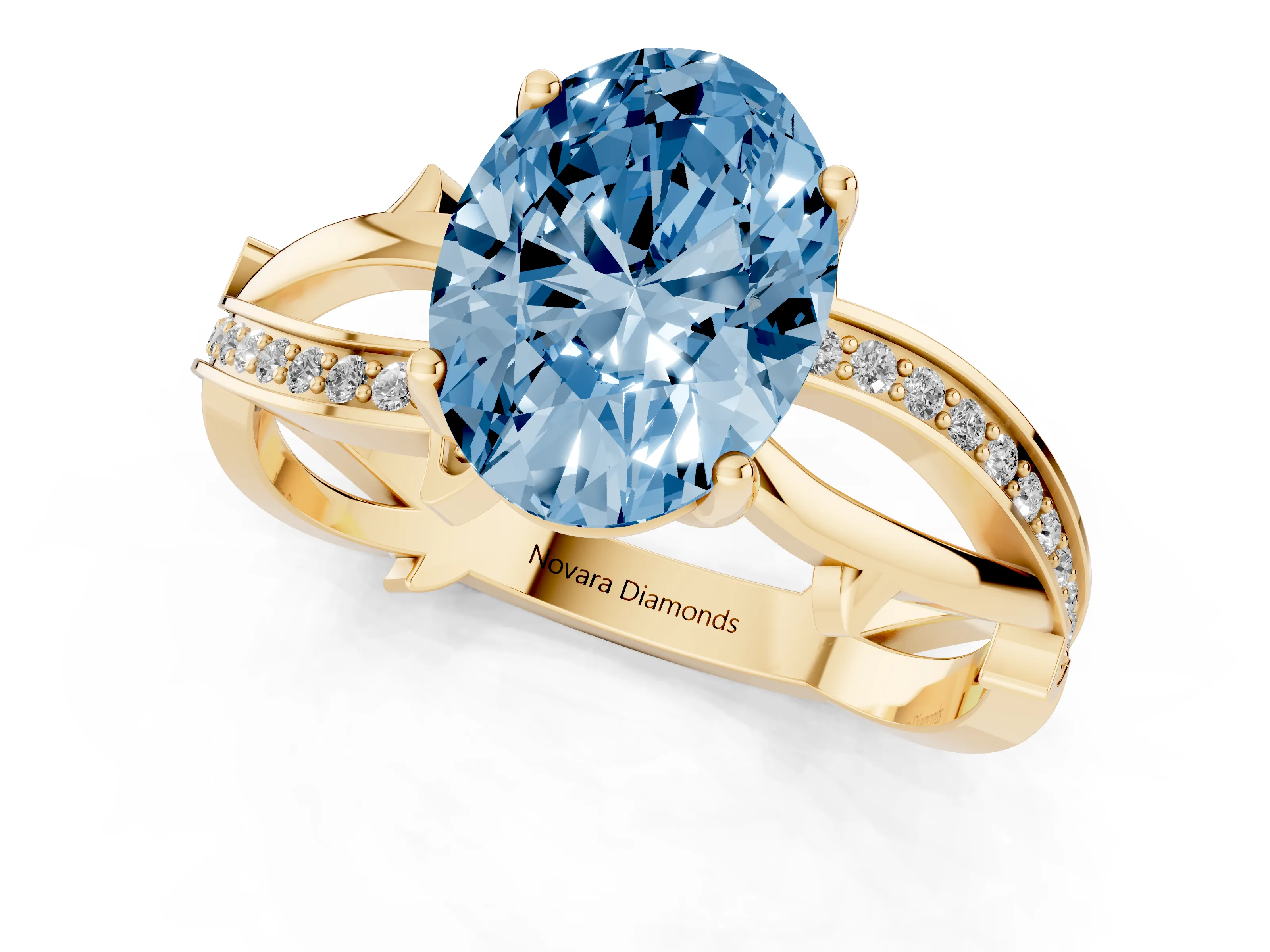 Fancy Blue Oval Cut Diamond Pavé Twist Band Solitaire Ring Set in Yellow gold with Prong Setting