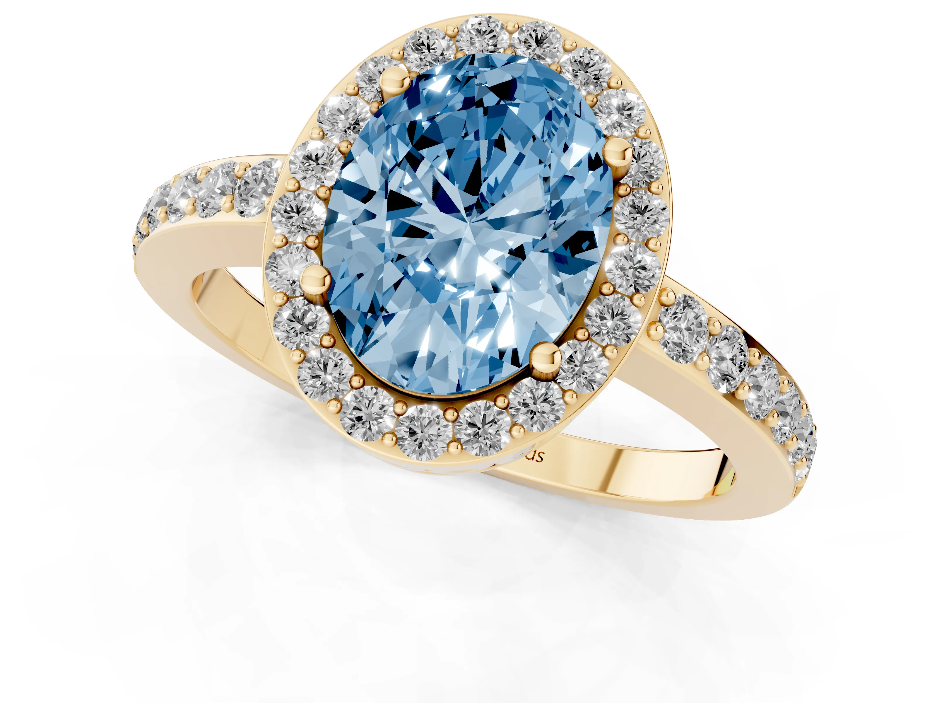 Fancy Blue Oval Cut Diamond Halo Ring Set in Yellow gold with Pavé-Setting Band and Open Prong Center