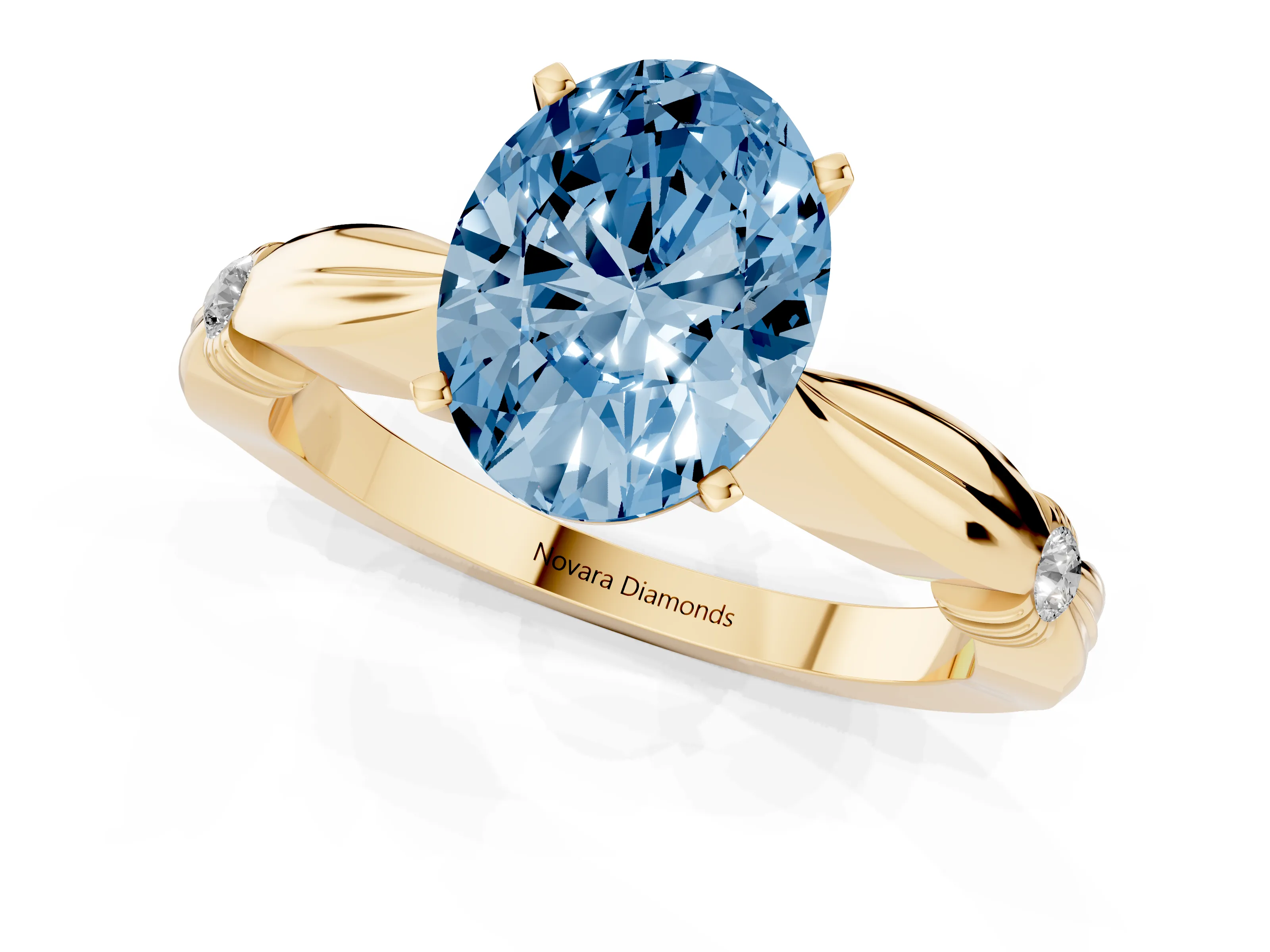 Fancy Blue Oval Cut Diamond Solitaire Twisted Band Ring Set in Yellow gold with Accent Stones and Prong Setting – second view
