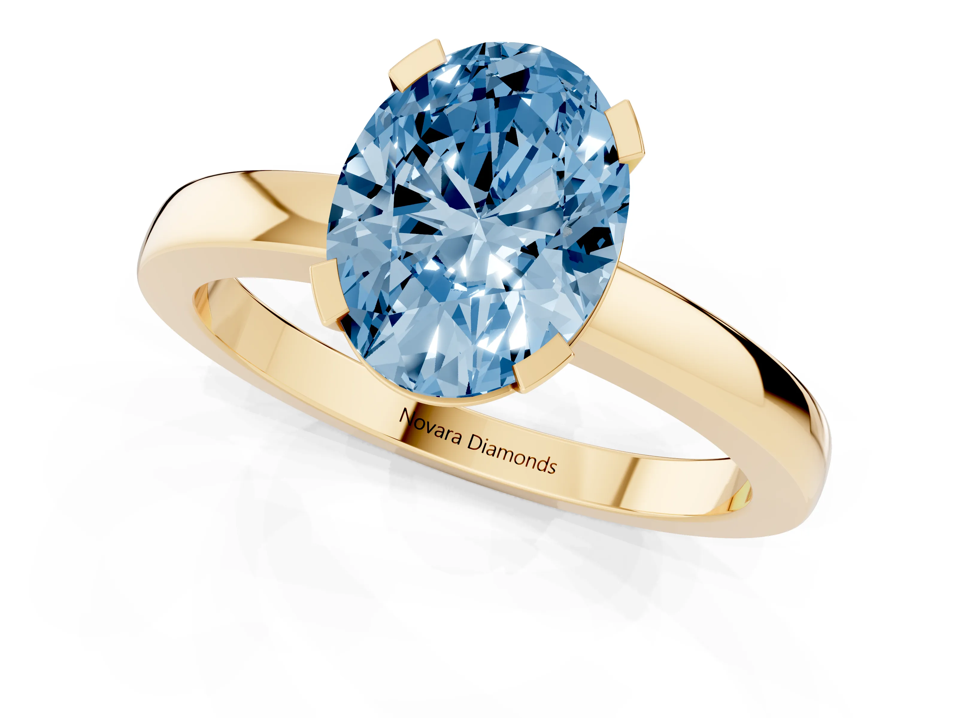 Fancy Blue Oval Cut Diamond Solitaire Ring Set in Yellow gold with Prong Head and Smooth Polished Band