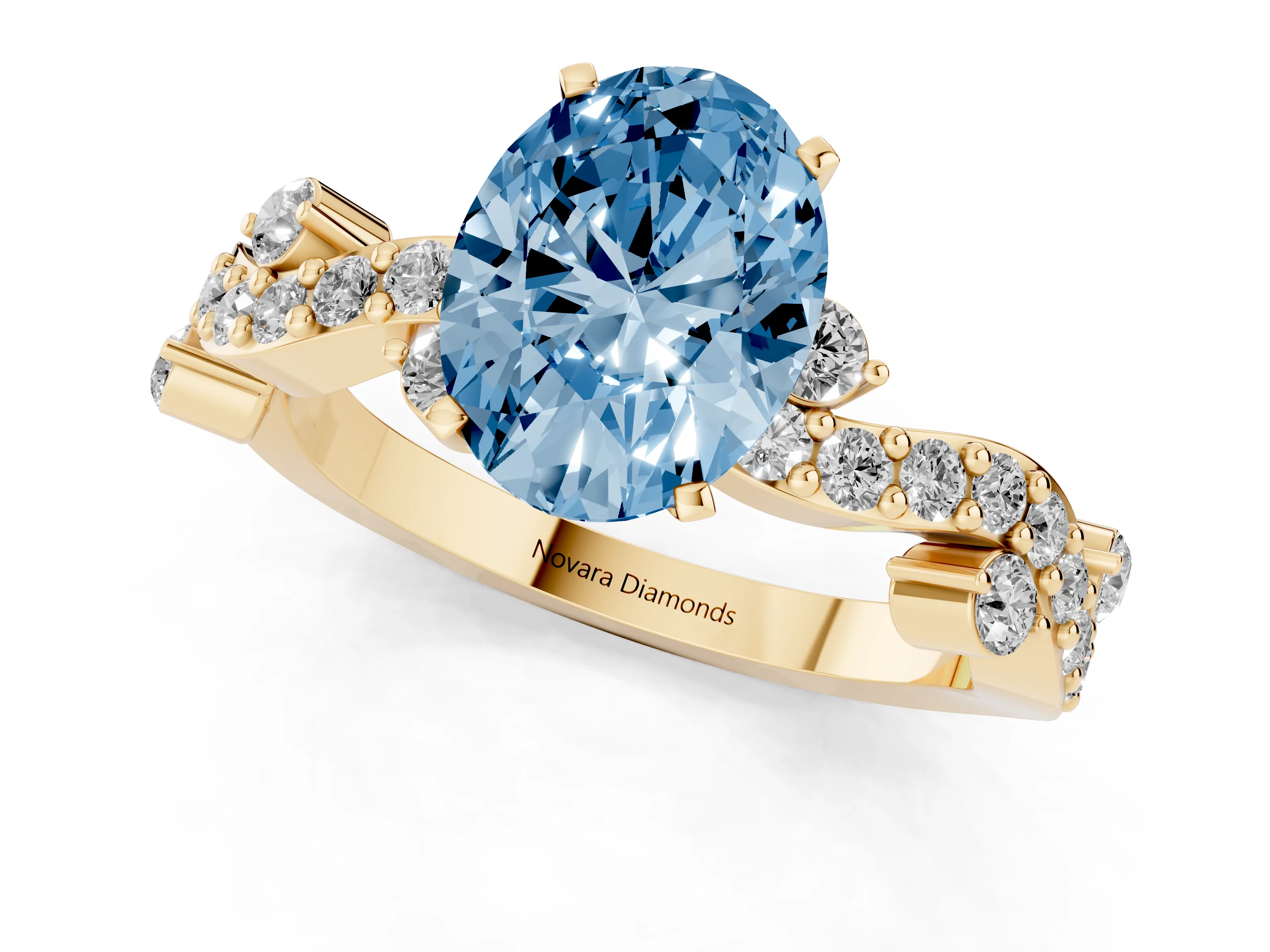 Fancy Blue Oval Cut Diamond Solitaire Twisted Band Set in Yellow gold with Pavé Setting