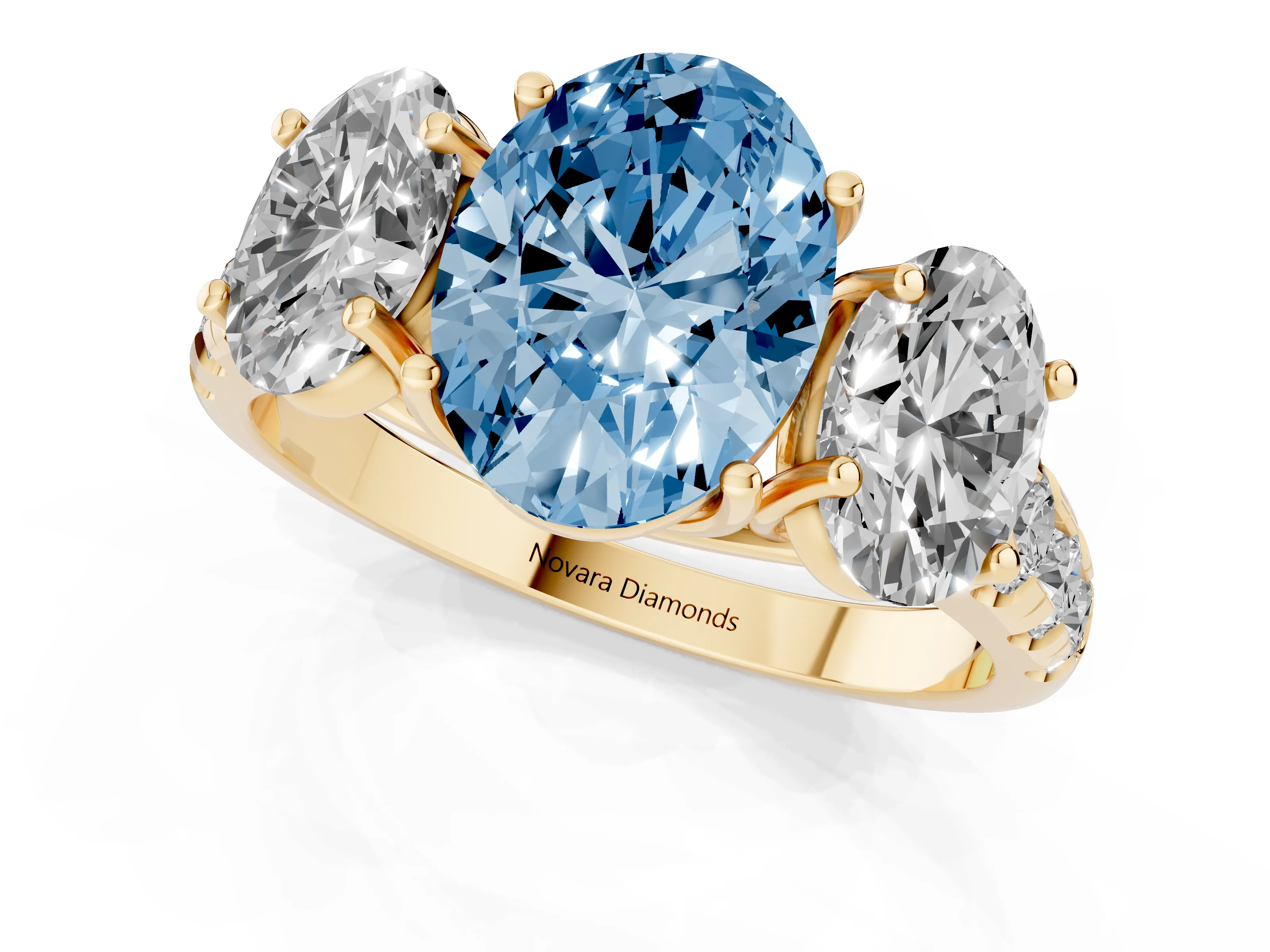 Fancy Blue Oval Cut Diamond Three-Stone Ring Set in Yellow gold with Pavé Band