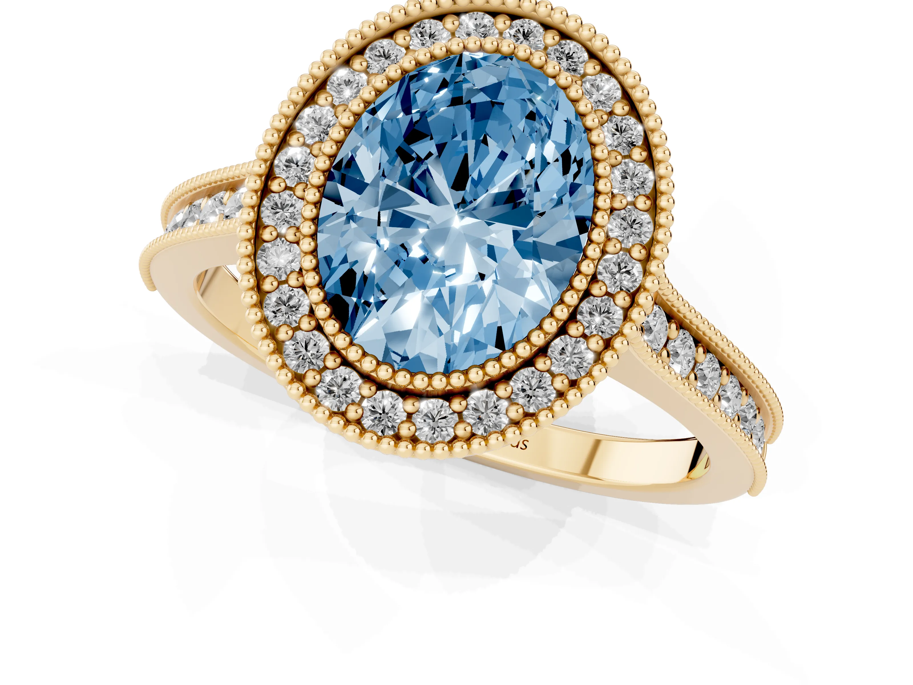 Fancy Blue Oval Cut Diamond Halo Milgrain Pavé Band Ring Set in Yellow gold with Prong Setting