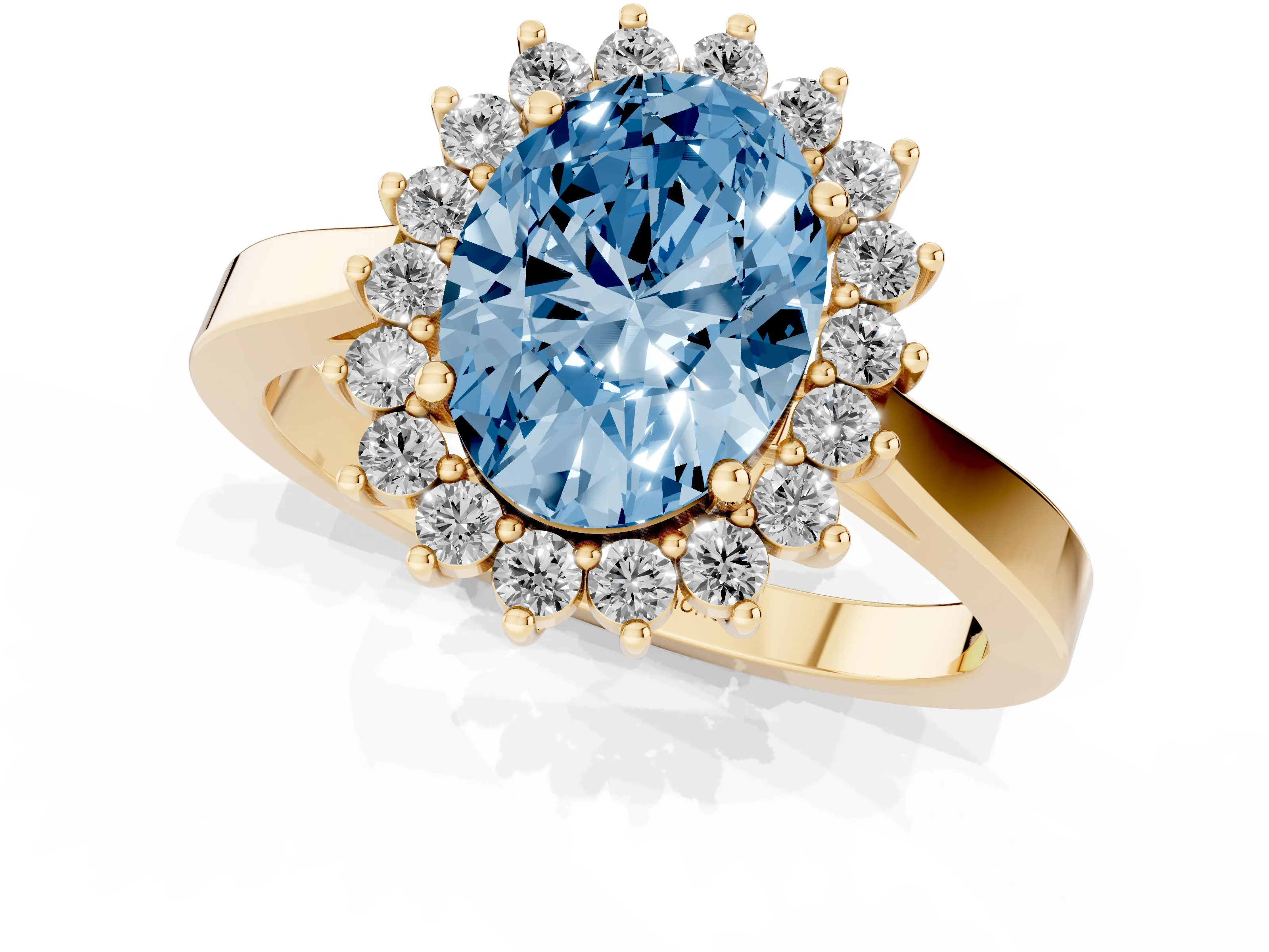 Fancy Blue Oval Cut Diamond Halo Ring Set in Yellow gold with Round Halo and Smooth Solitaire Band