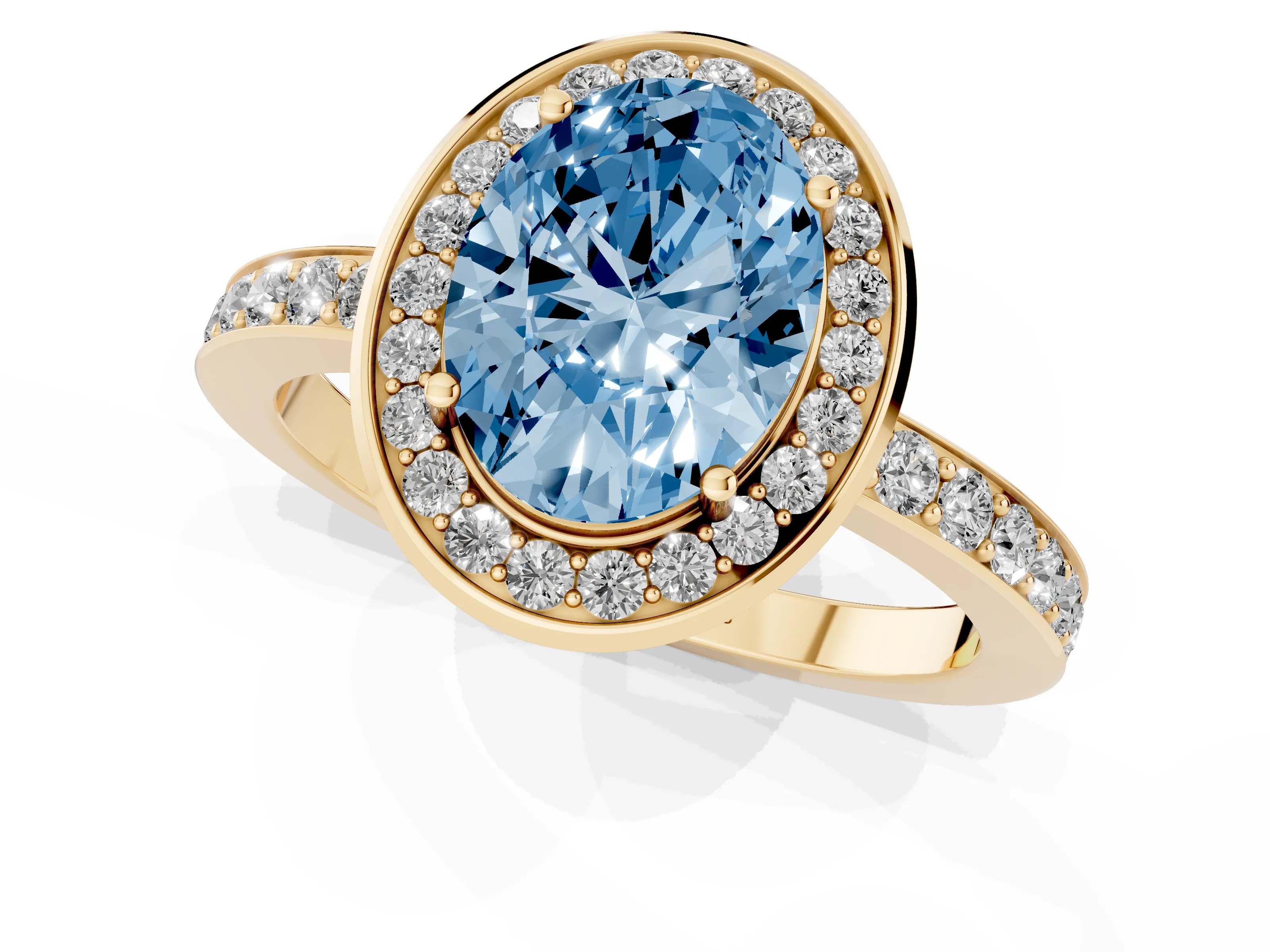 Fancy Blue Oval Cut Diamond Halo Ring Set in Yellow gold with Bezel Frame and Pavé Band