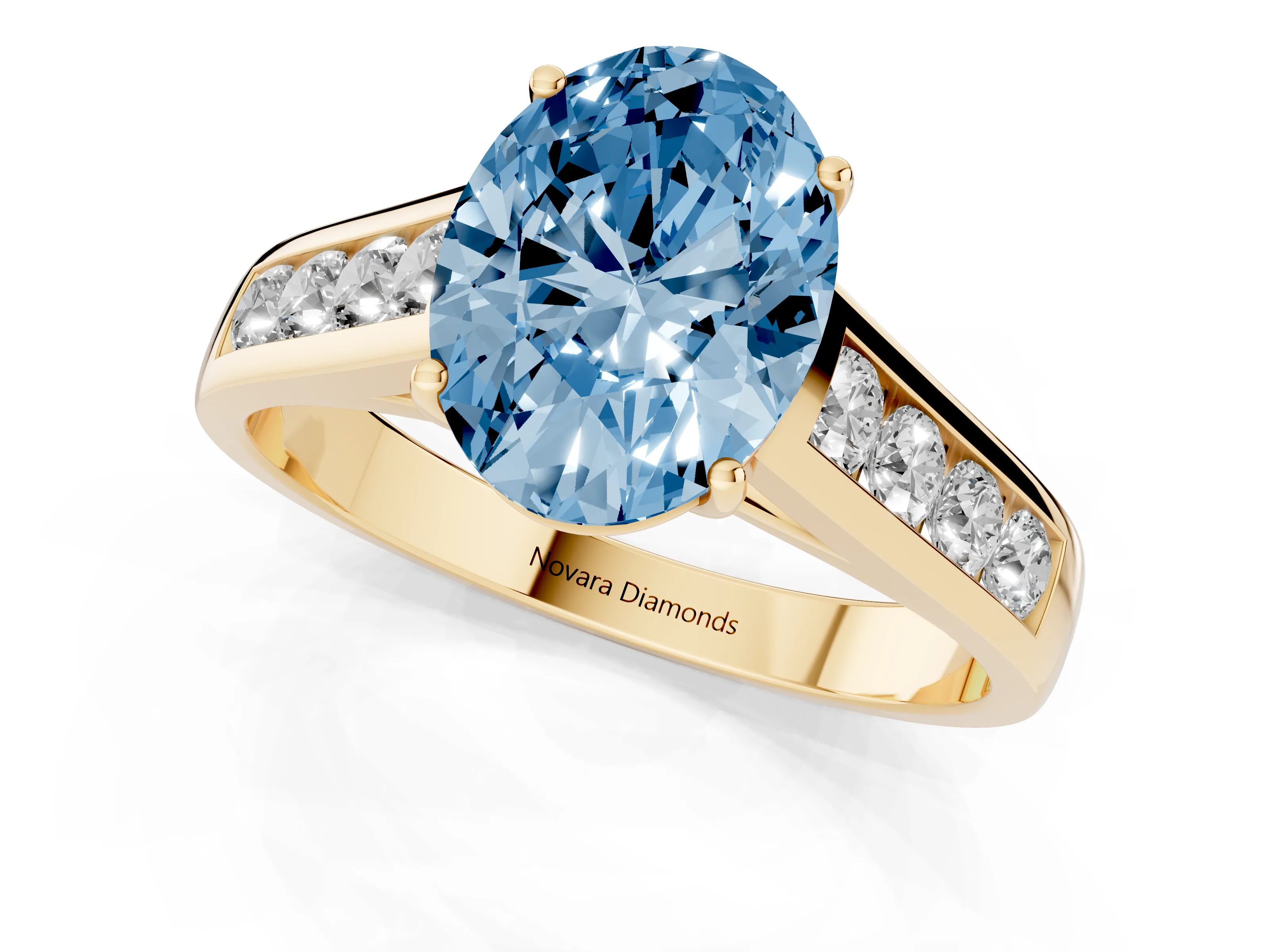 Fancy Blue Oval Cut Diamond Solitaire Channel-Set Engagement Ring Set in Yellow gold with Prong Setting