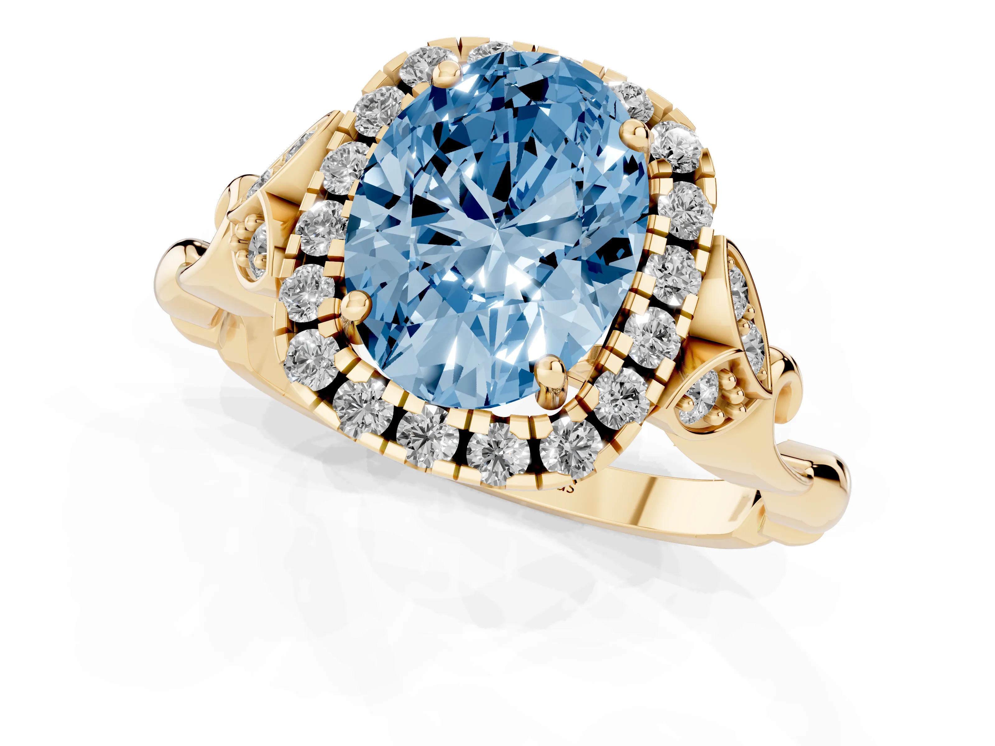 Fancy Blue Oval Cut Diamond Halo Engagement Ring Set in Yellow gold with Vintage-Inspired Band and Prong Setting