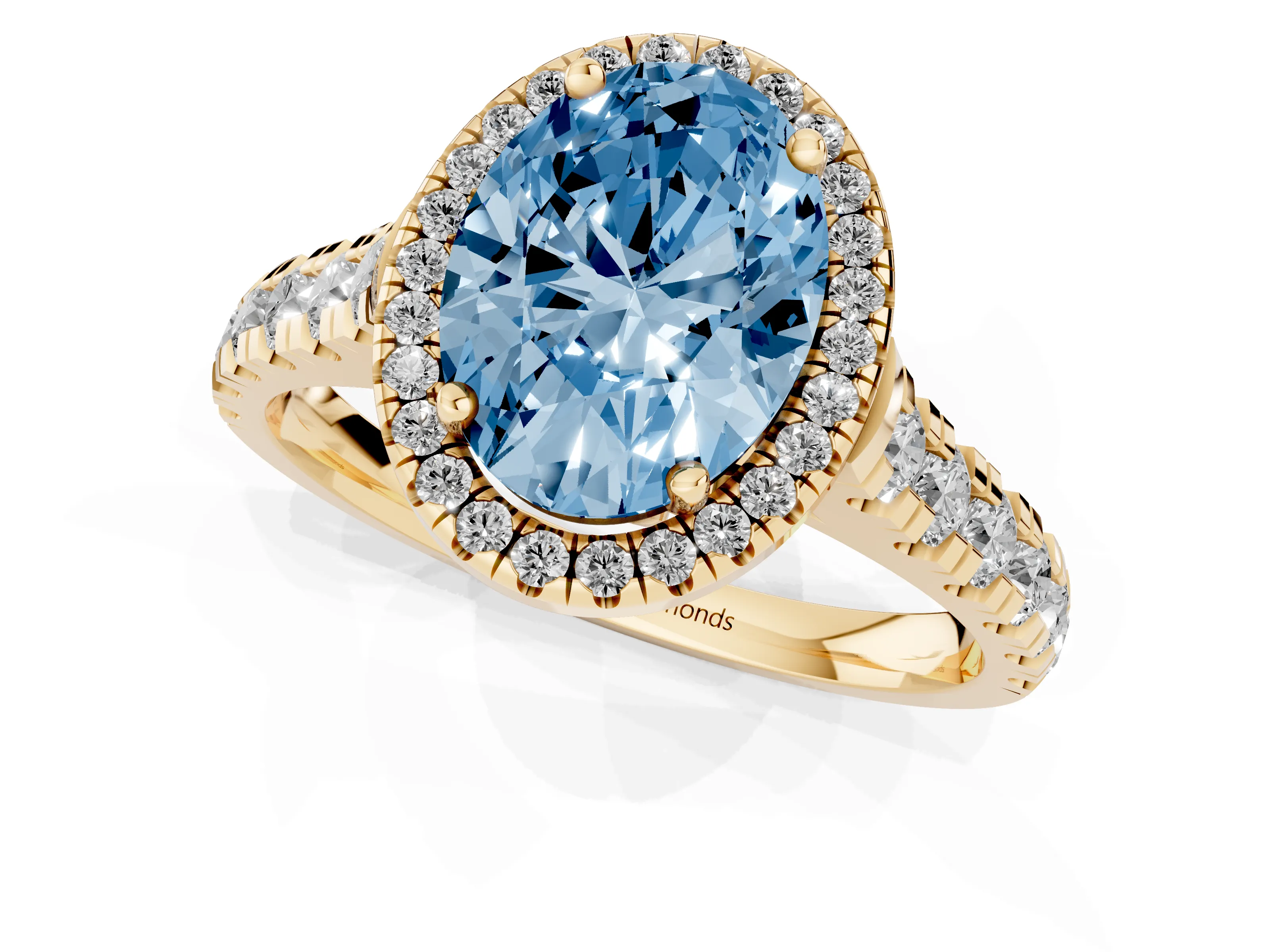 Fancy Blue Oval Cut Diamond Halo Engagement Ring Set in Yellow gold with Pavé Band and Prong-Set Center