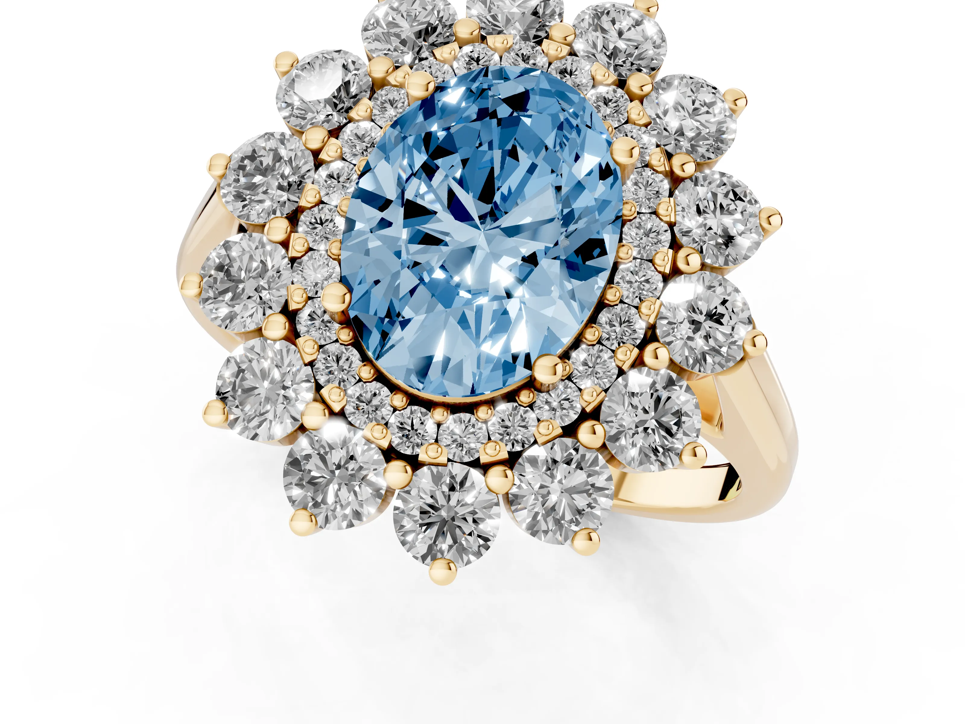 Fancy Blue Oval Cut Diamond Floral Double Halo Ring Set in Yellow gold with Round Petals