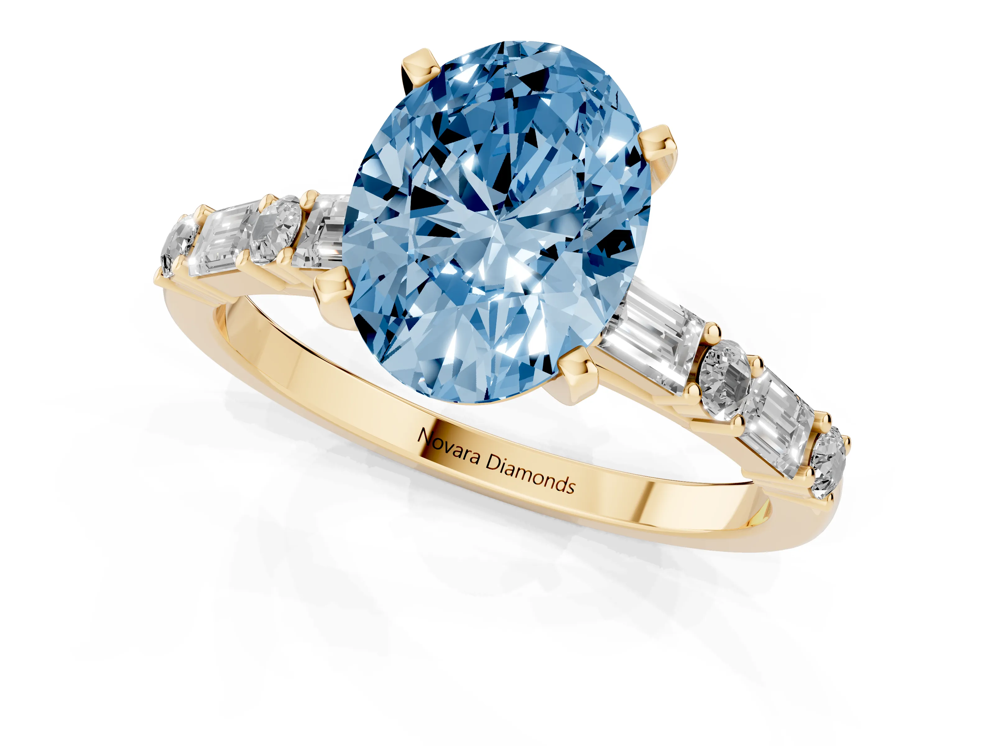 Fancy Blue Oval Cut Diamond Solitaire Set in Yellow gold with Side Baguettes and Channel Set Band