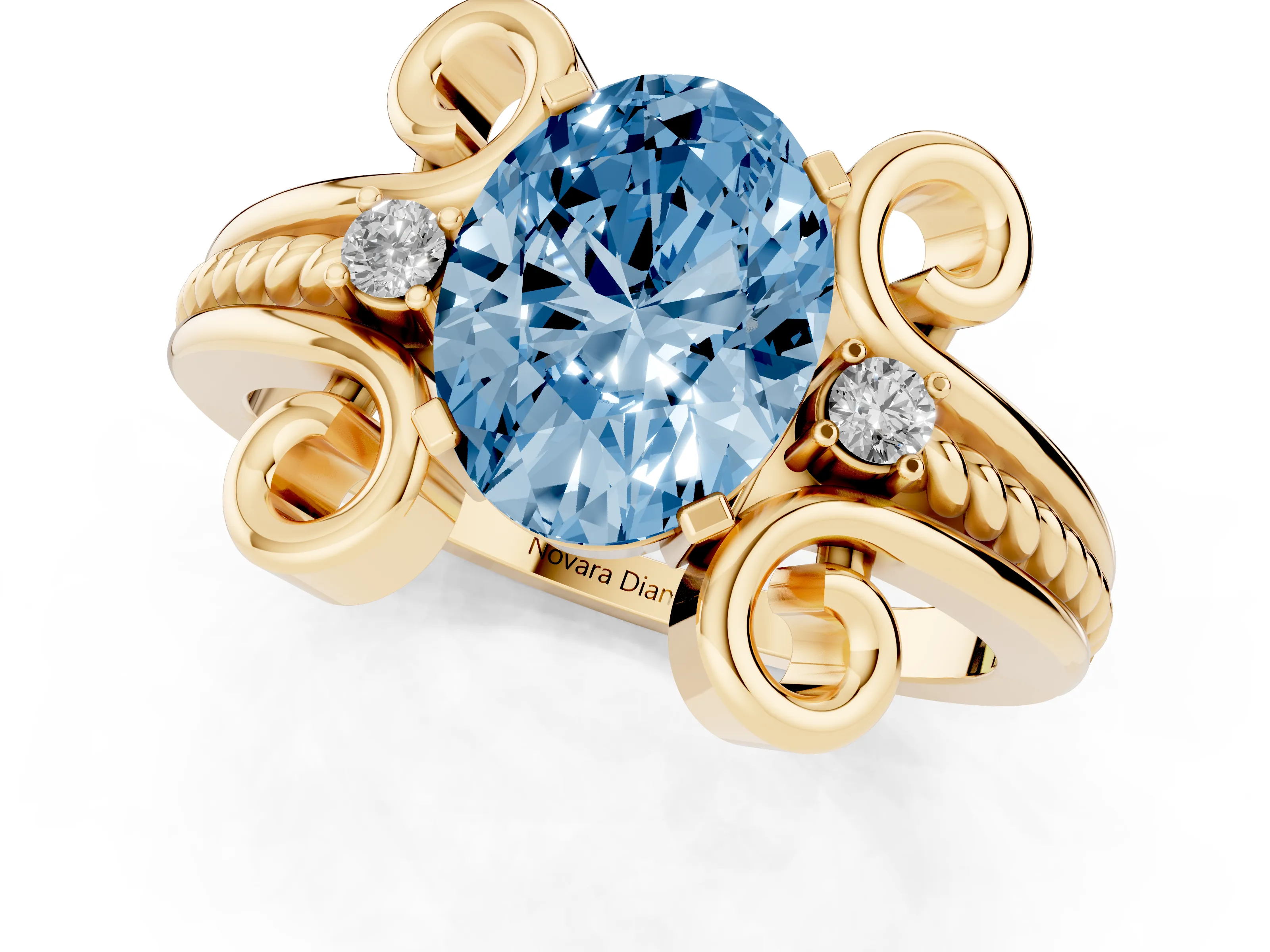 Fancy Blue Oval Cut Diamond Twisted Band Solitaire Ring Set in Yellow gold with Scroll Prongs