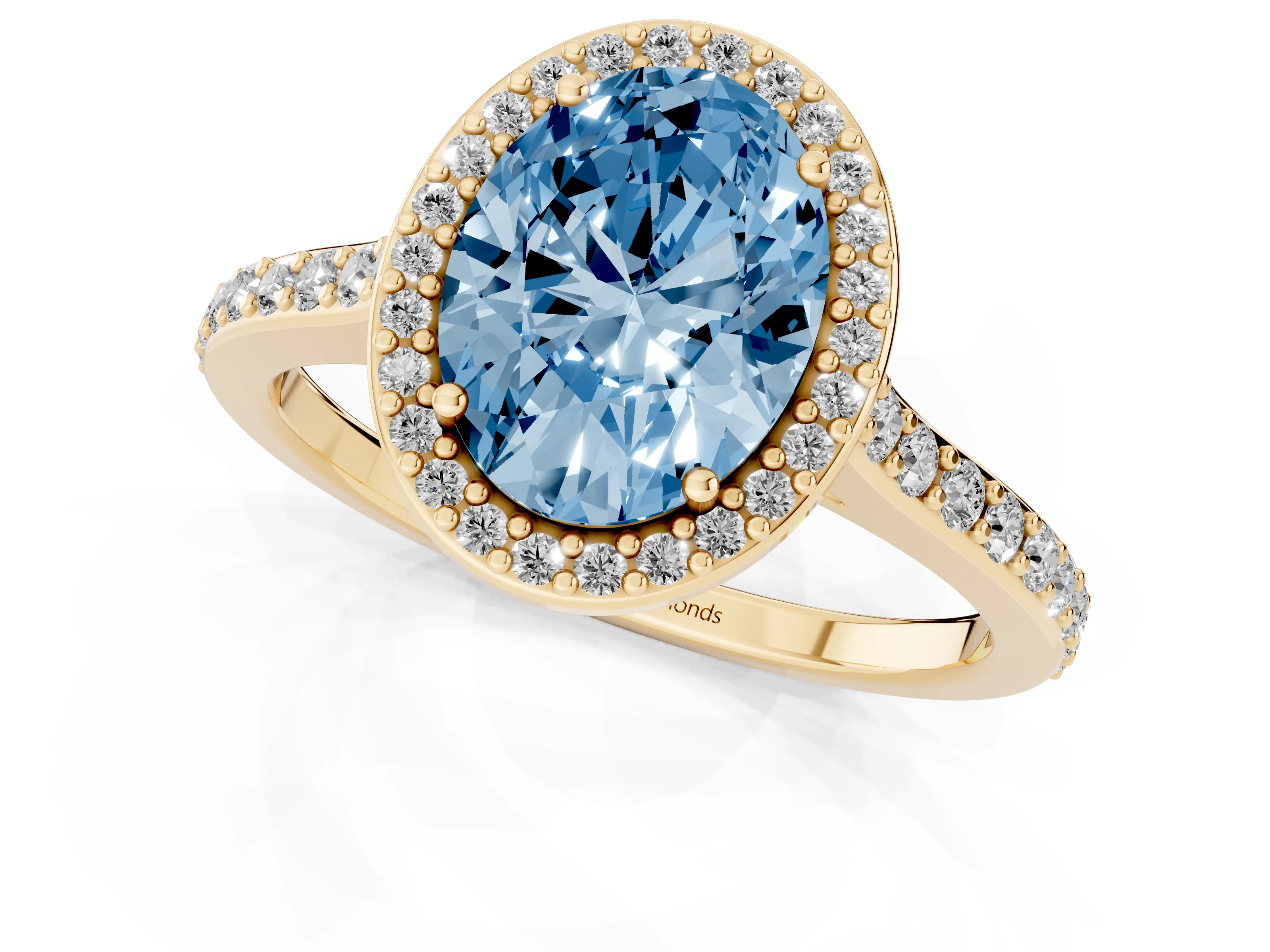 Fancy Blue Oval Cut Diamond Halo Engagement Ring Set in Yellow gold with Round Pavé Shoulders and Heart Gallery