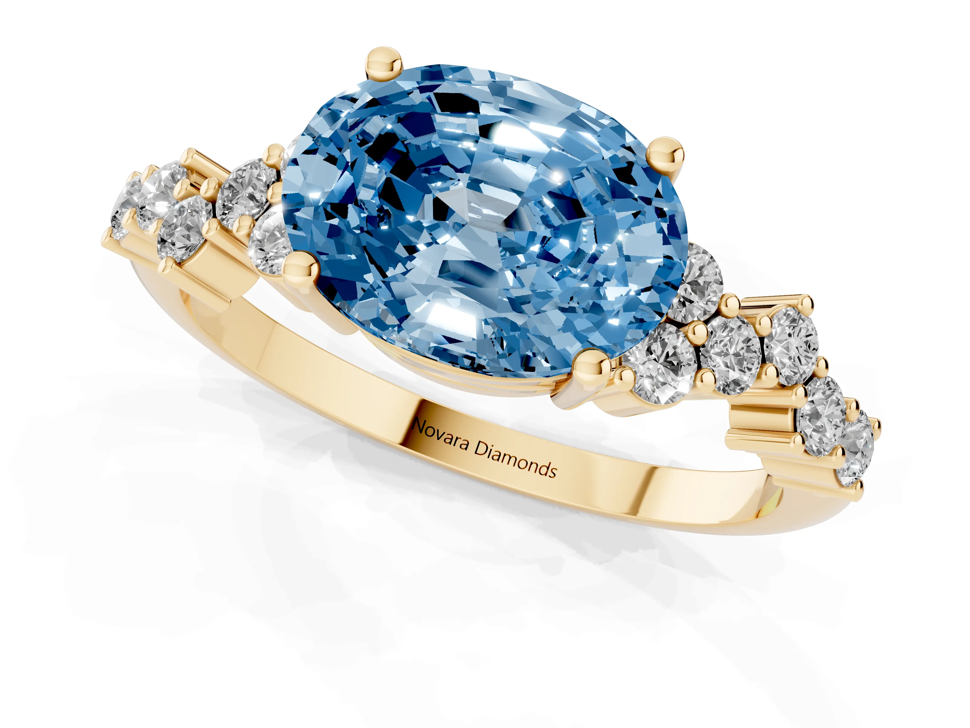 Fancy Blue Oval Cut Diamond Ring Set in Yellow gold with Scattered Round Accents