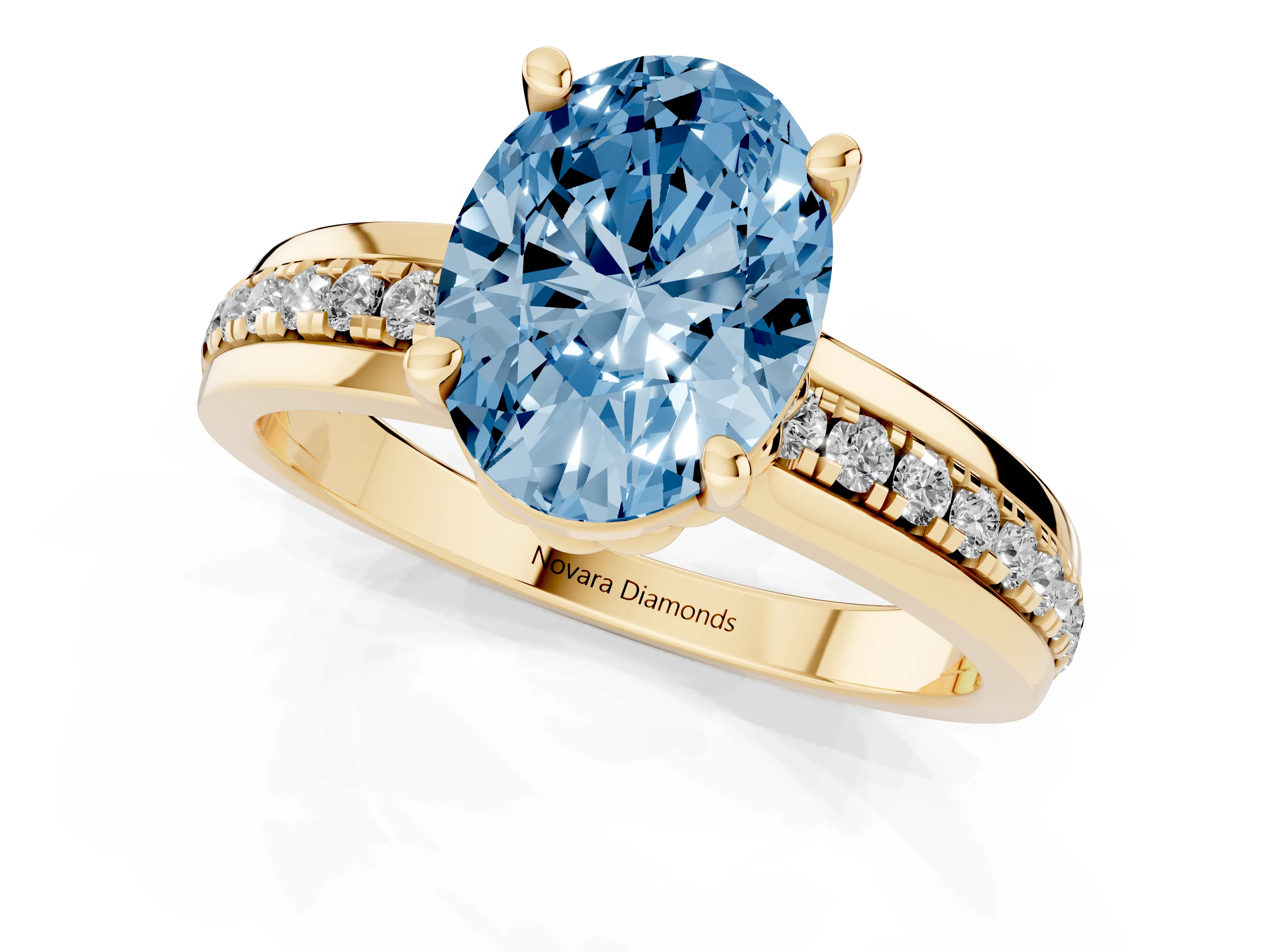 Fancy Blue Oval Cut Diamond Solitaire Ring Set in Yellow gold with Channel Set Band and Prong Setting