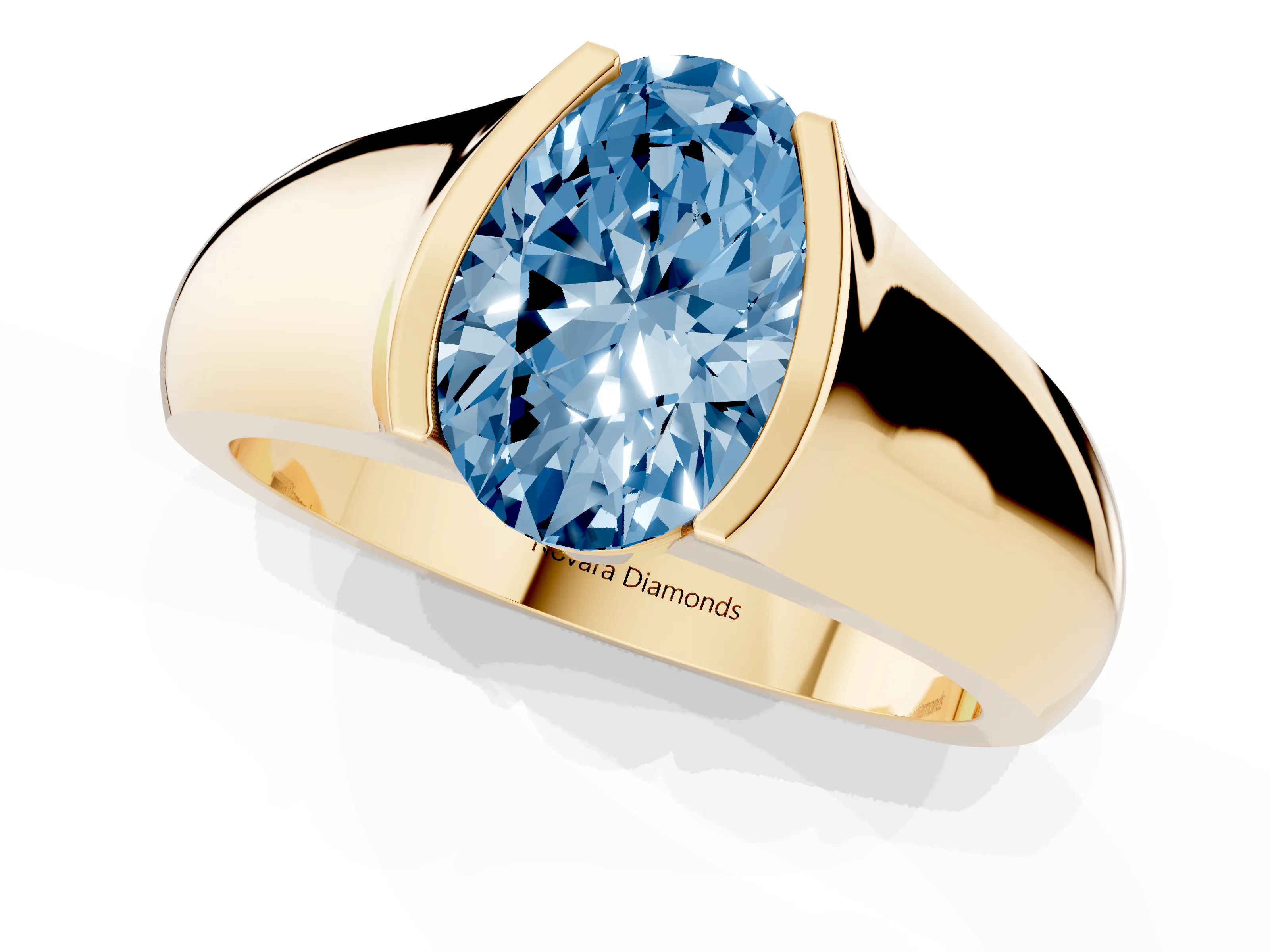 Fancy Blue Oval Cut Diamond Bezel Solitaire Ring Set in Yellow gold with Wide Band