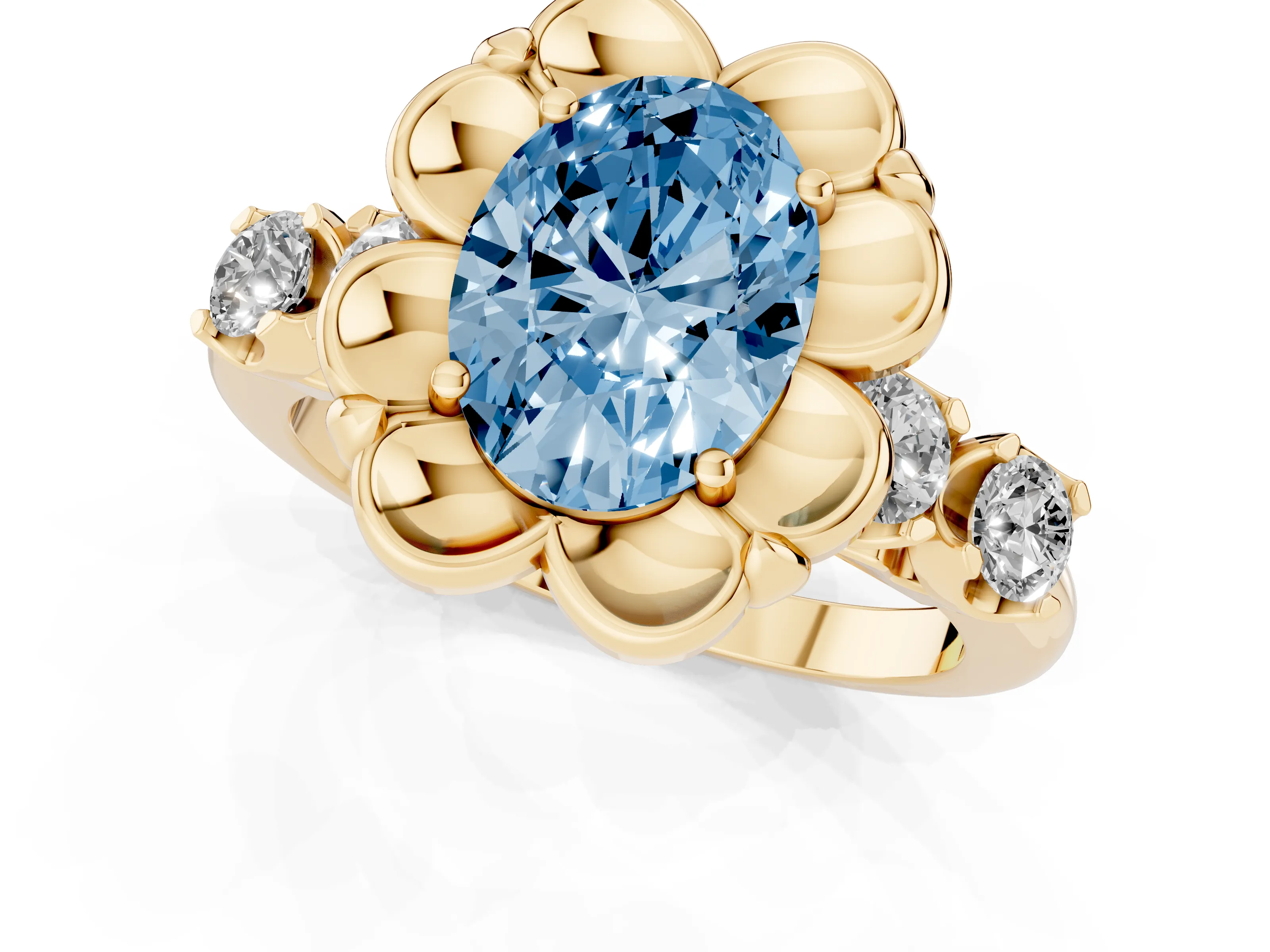Fancy Blue Oval Cut Diamond Floral Halo Ring Set in Yellow gold with Shared Prong Band