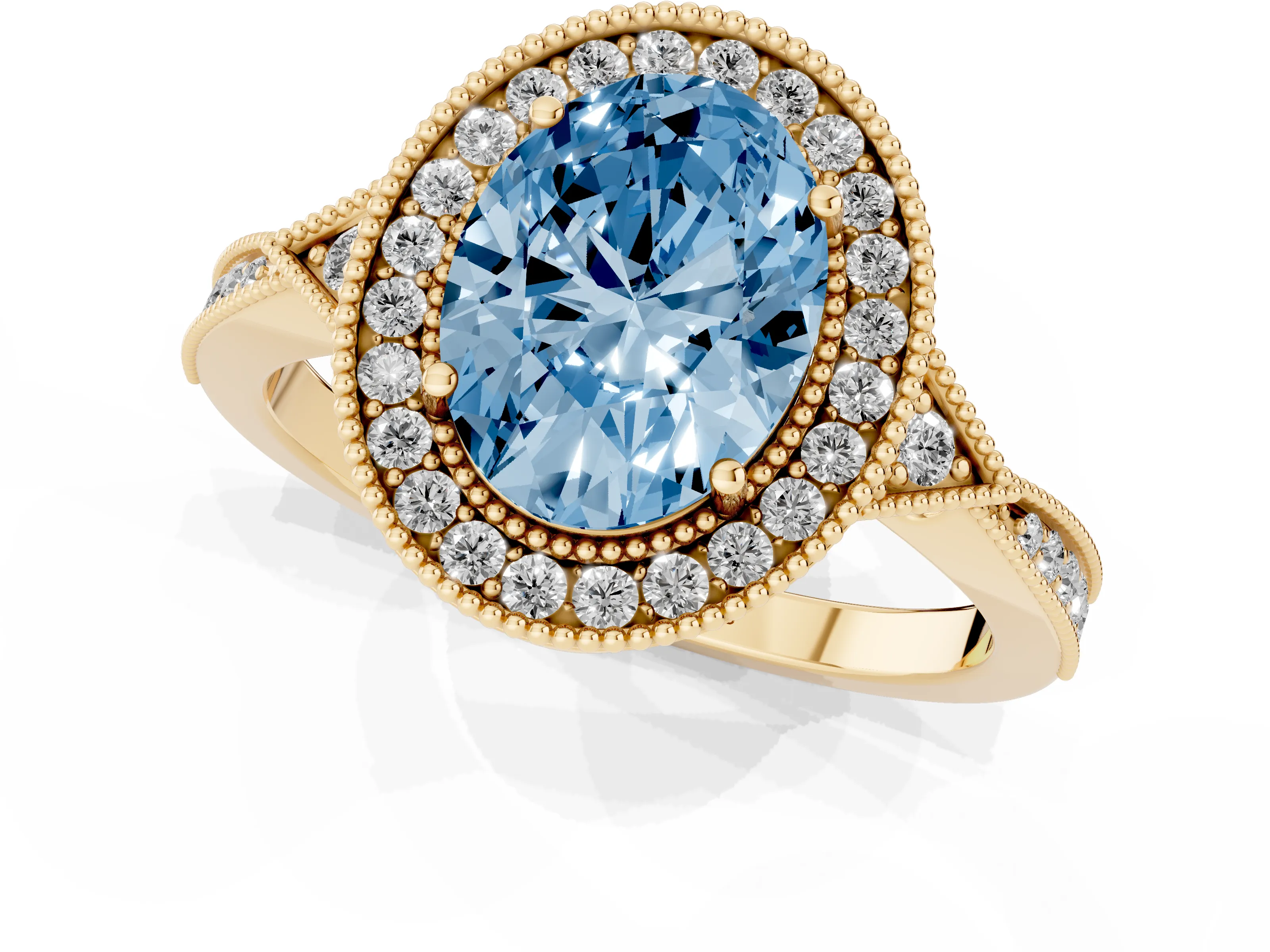 Fancy Blue Oval Cut Diamond Halo Engagement Ring Set in Yellow gold with Milgrain Pavé Band