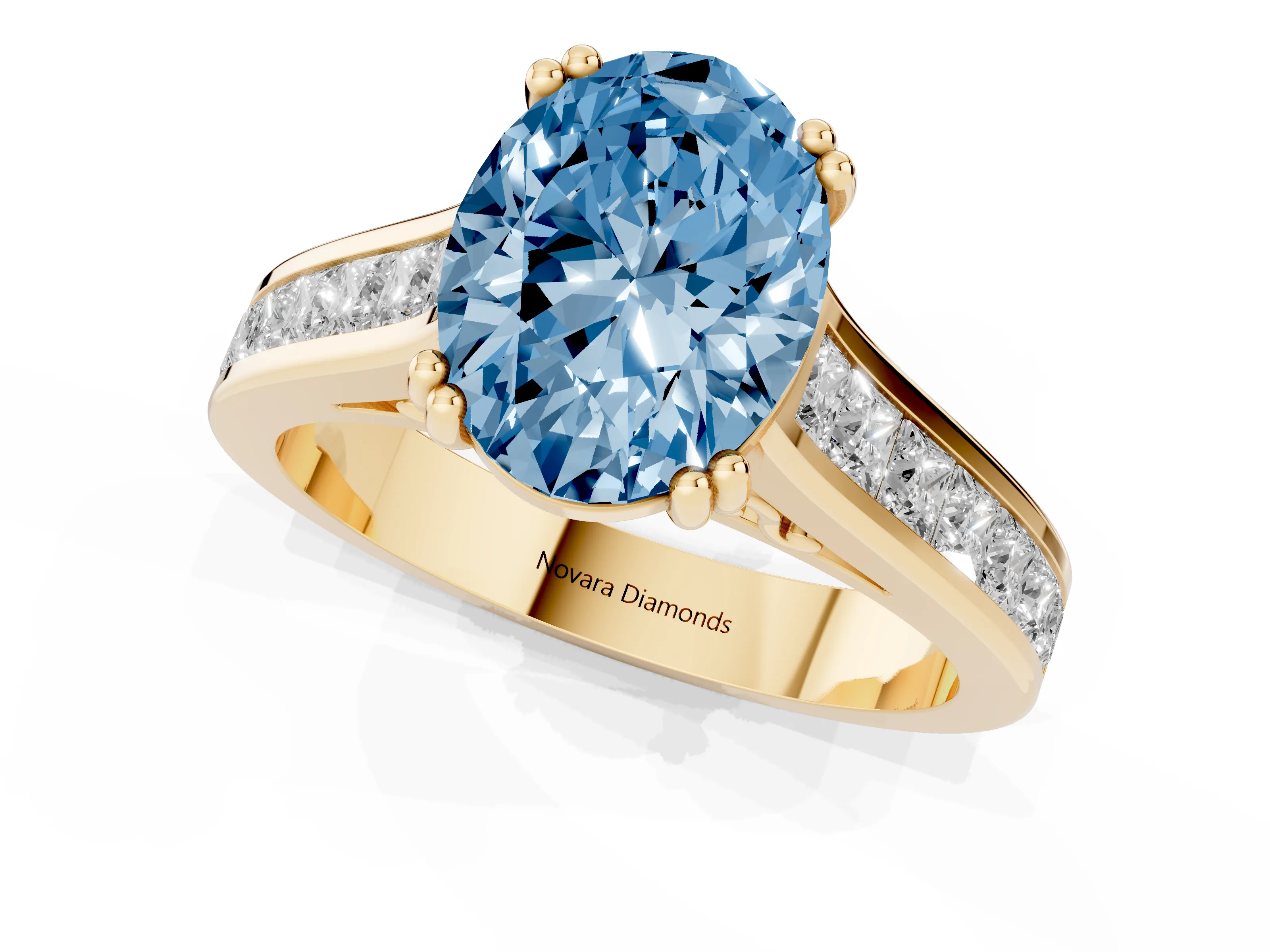 Fancy Blue Oval Cut Diamond Channel Set Solitaire Engagement Ring Set in Yellow gold with Prong Setting