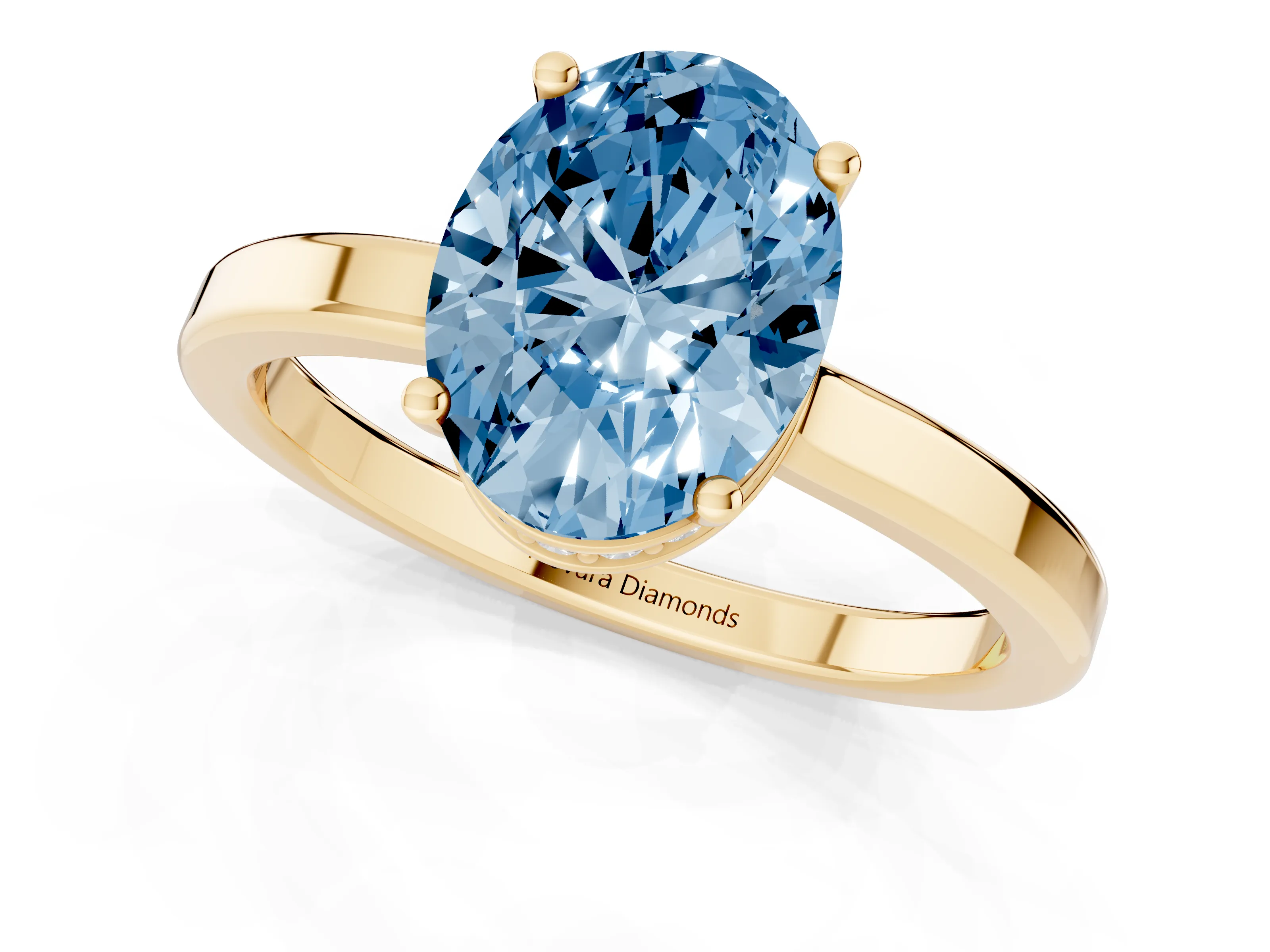 Fancy Blue Oval Cut Diamond Solitaire Engagement Ring Set in Yellow gold with Prong Setting on a Plain Band