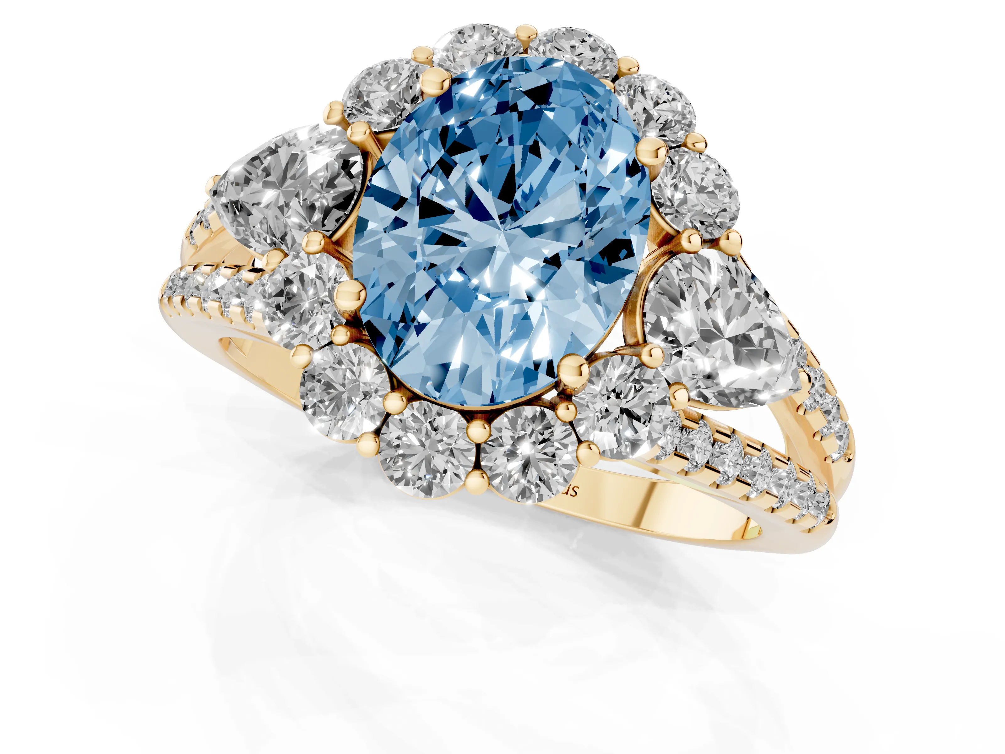 Fancy Blue Oval Cut Diamond Halo Split Shank Engagement Ring Set in Yellow gold with Prong-Held Center Stone