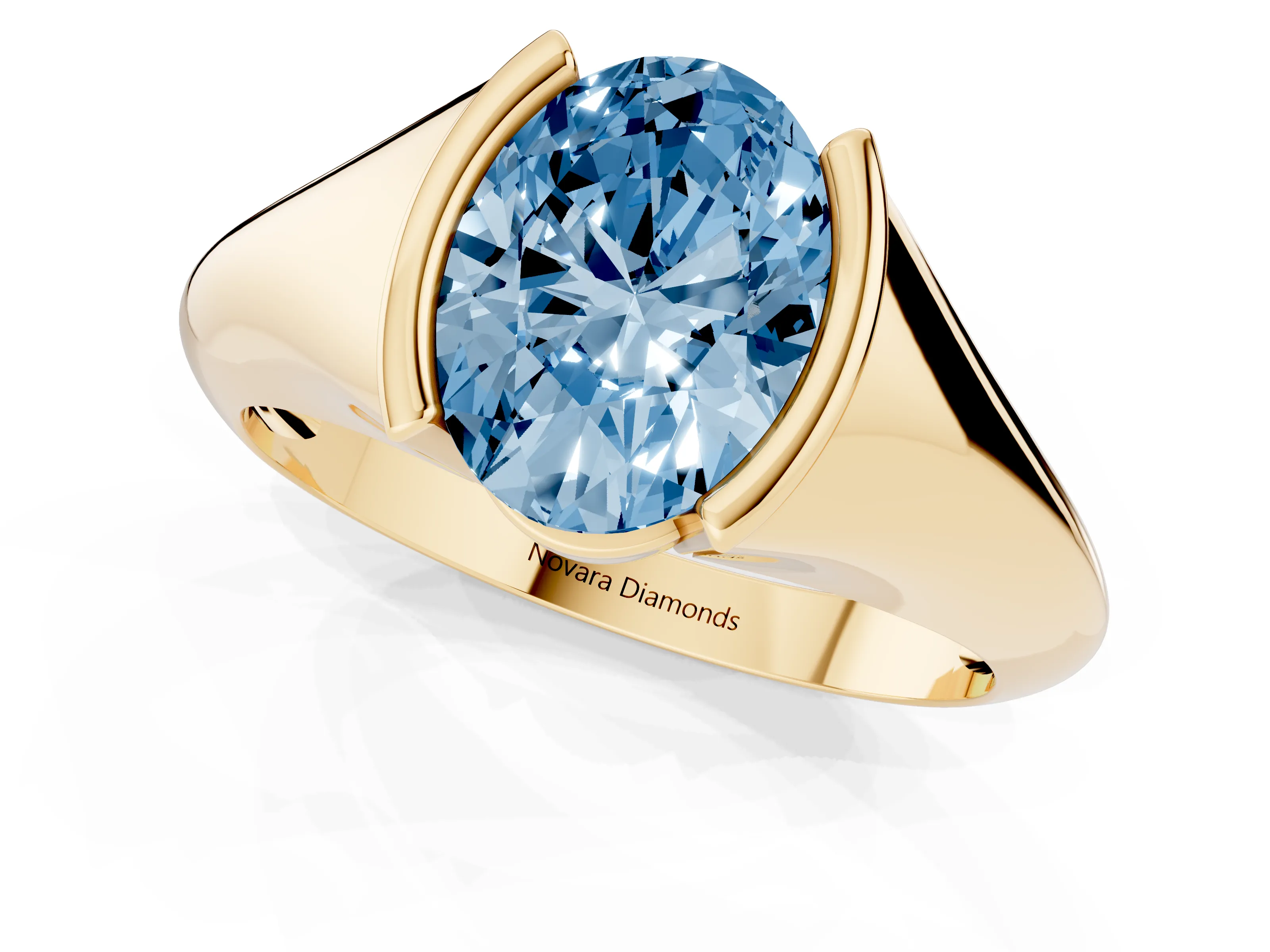 Fancy Blue Oval Cut Diamond Solitaire Tension Set Ring Set in Yellow gold