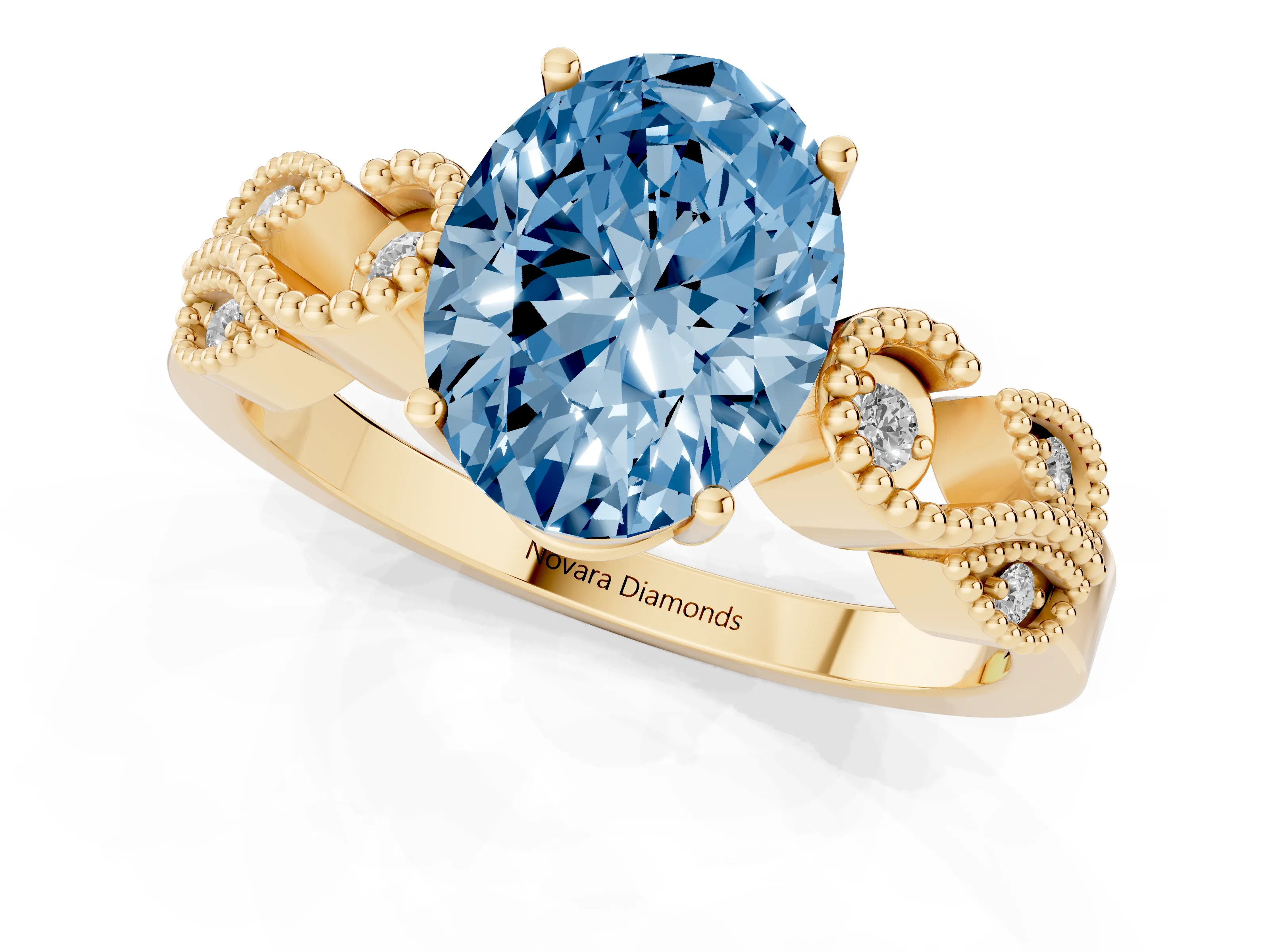 Fancy Blue Oval Cut Diamond Milgrain Leaf Band Solitaire Ring Set in Yellow gold with Accent Stones and Prong Setting