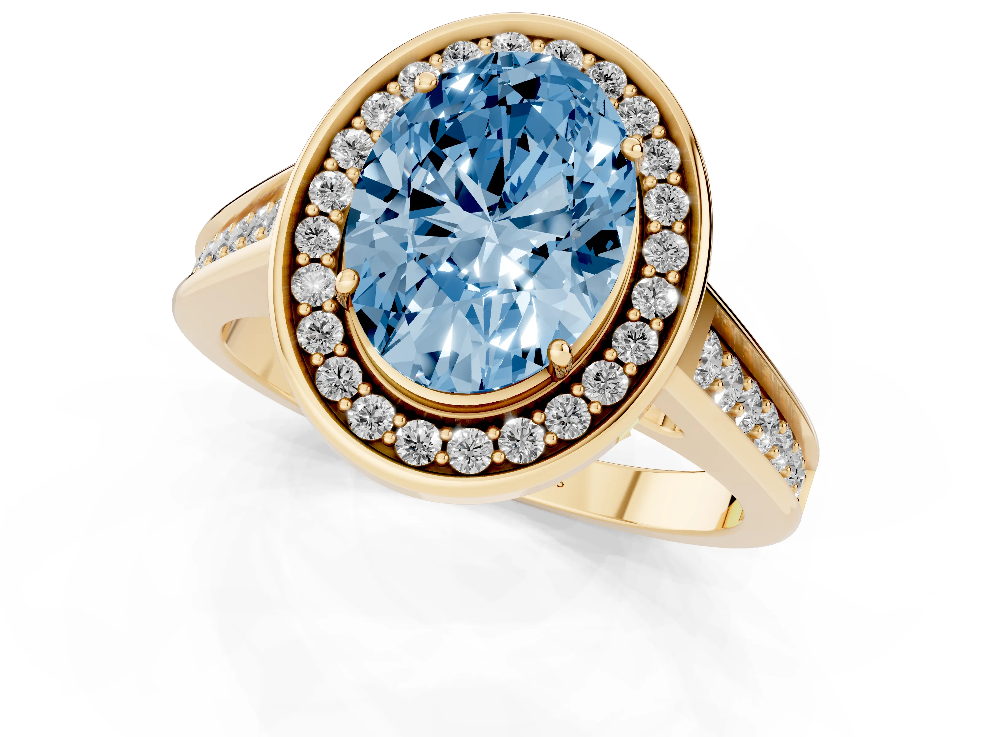 Fancy Blue Oval Cut Diamond Halo Solitaire Ring Set in Yellow gold with Pavé Band and Bezel Setting