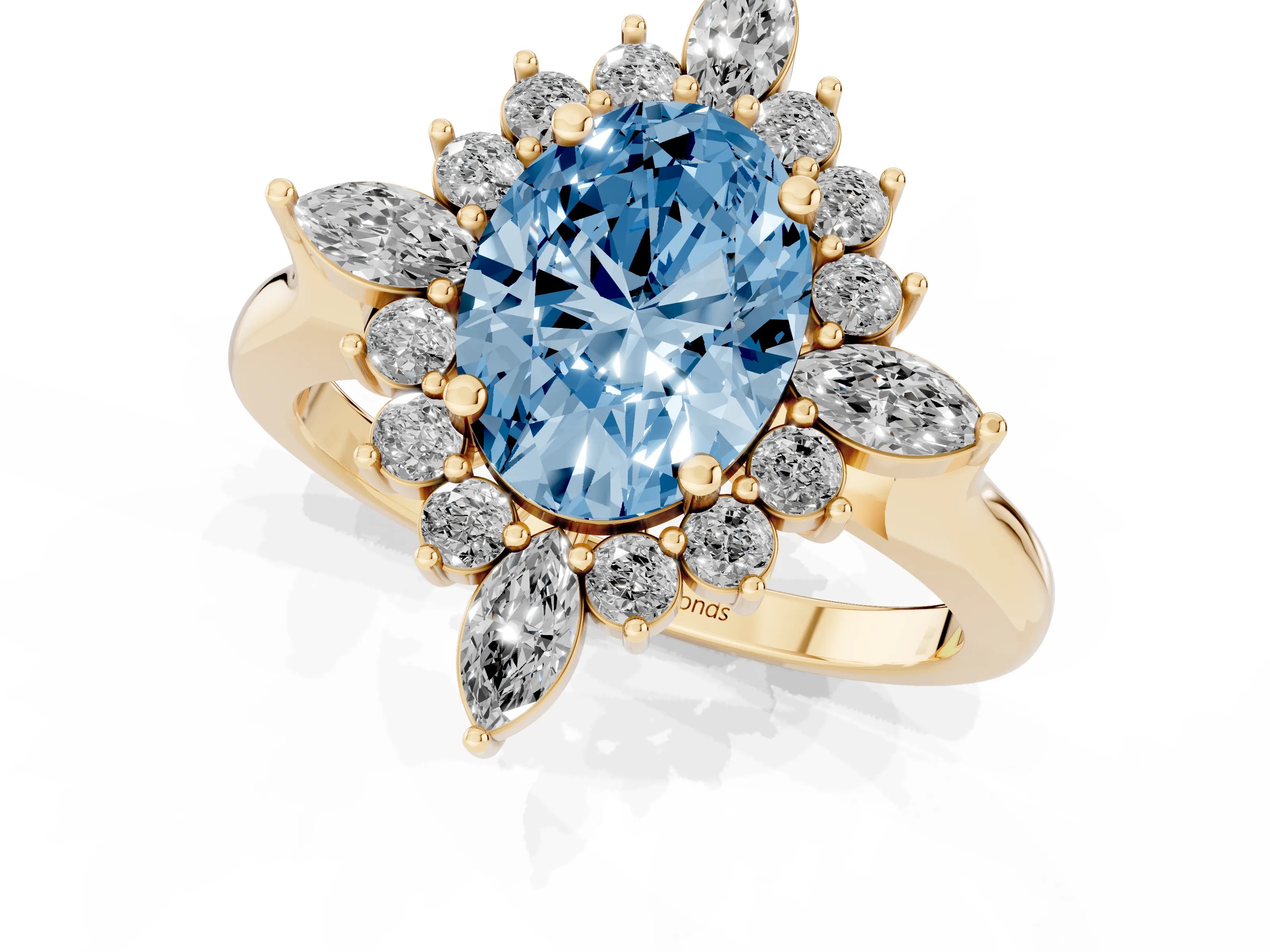 Fancy Blue Oval Cut Diamond Cluster Halo Ring Set in Yellow gold with Marquise and Round Accents