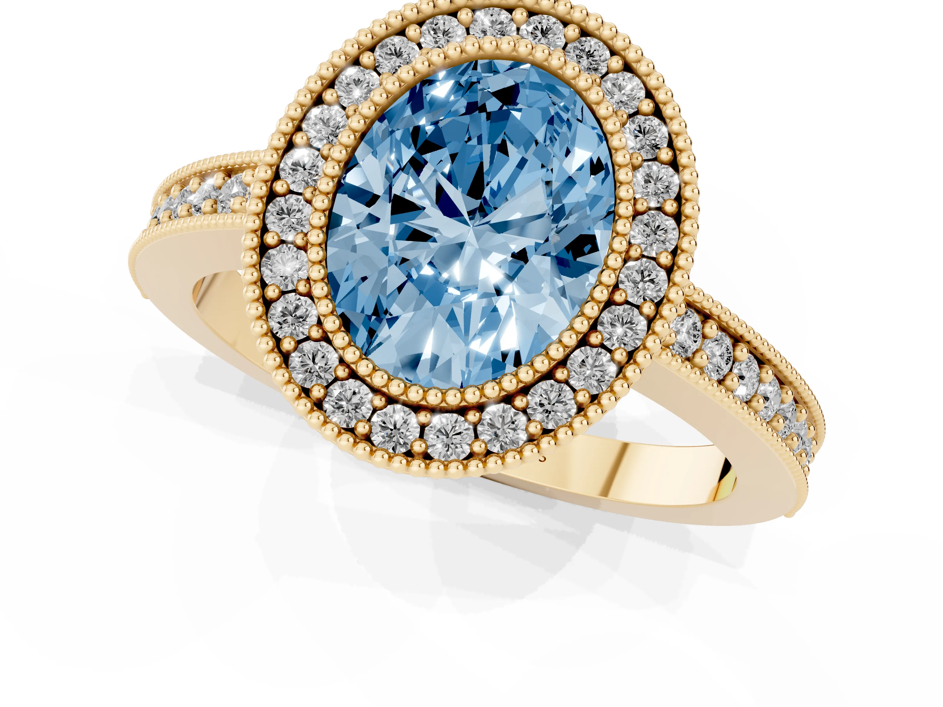 Fancy Blue Oval Cut Diamond Halo Engagement Ring Set in Yellow gold with Pavé Band and Round Halo Stones
