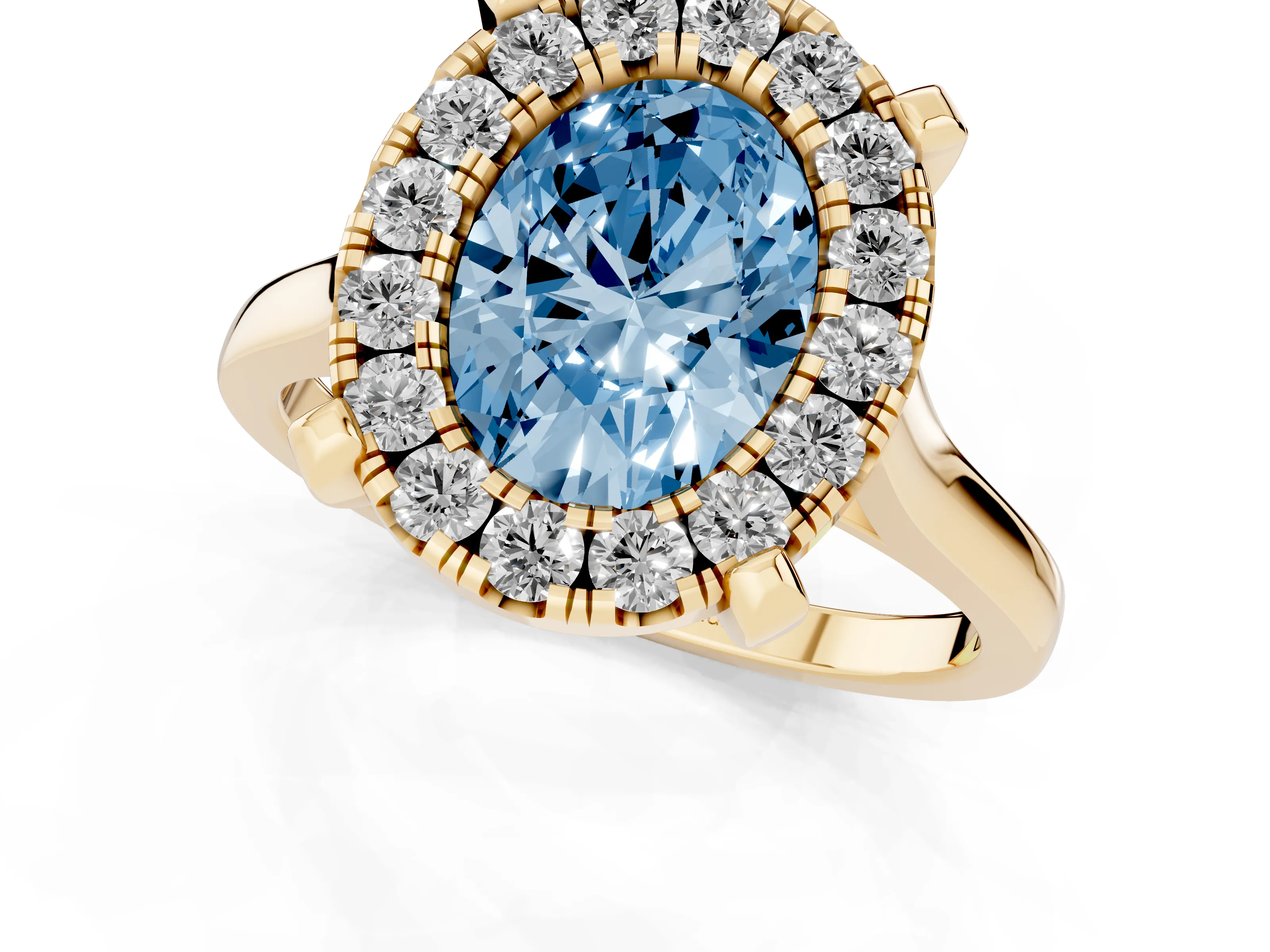 Fancy Blue Oval Cut Diamond Cluster Halo Solitaire Ring Set in Yellow gold with Prong Setting