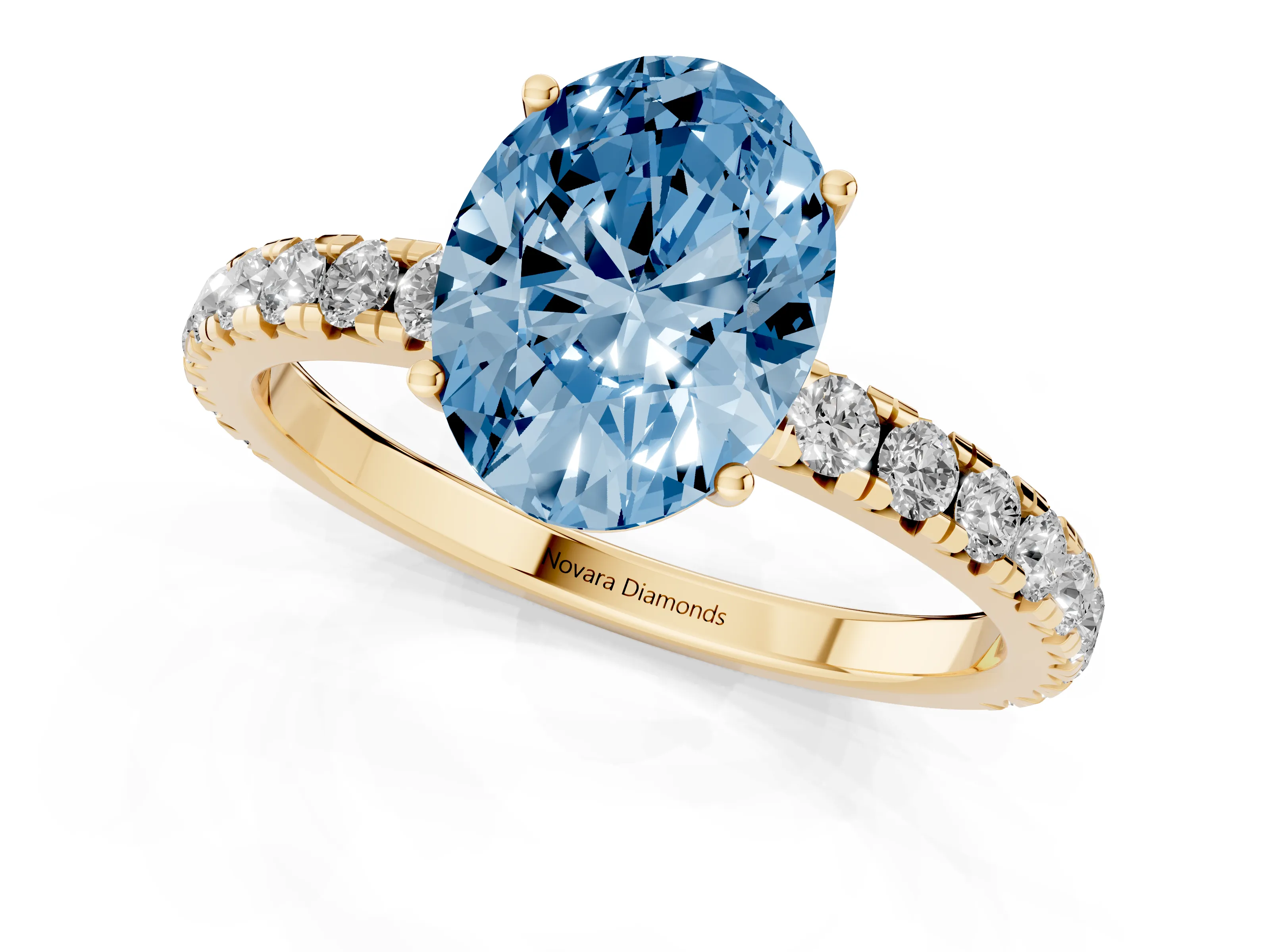 Fancy Blue Oval Cut Diamond Pavé Solitaire Engagement Ring Set in Yellow gold with Prong Setting