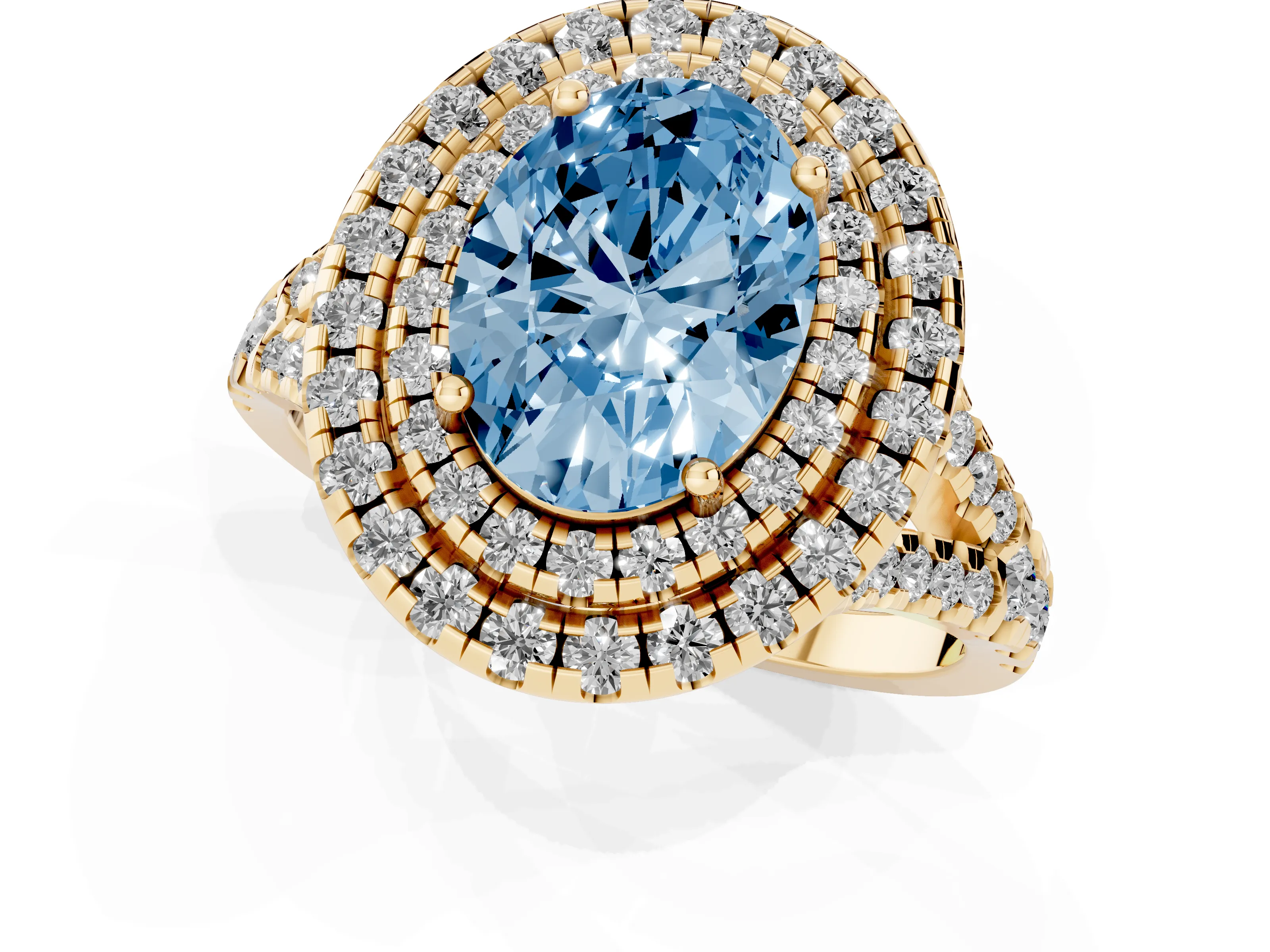 Fancy Blue Oval Cut Diamond Double Halo Ring Set in Yellow gold with Pavé Split Shank and Prong Setting