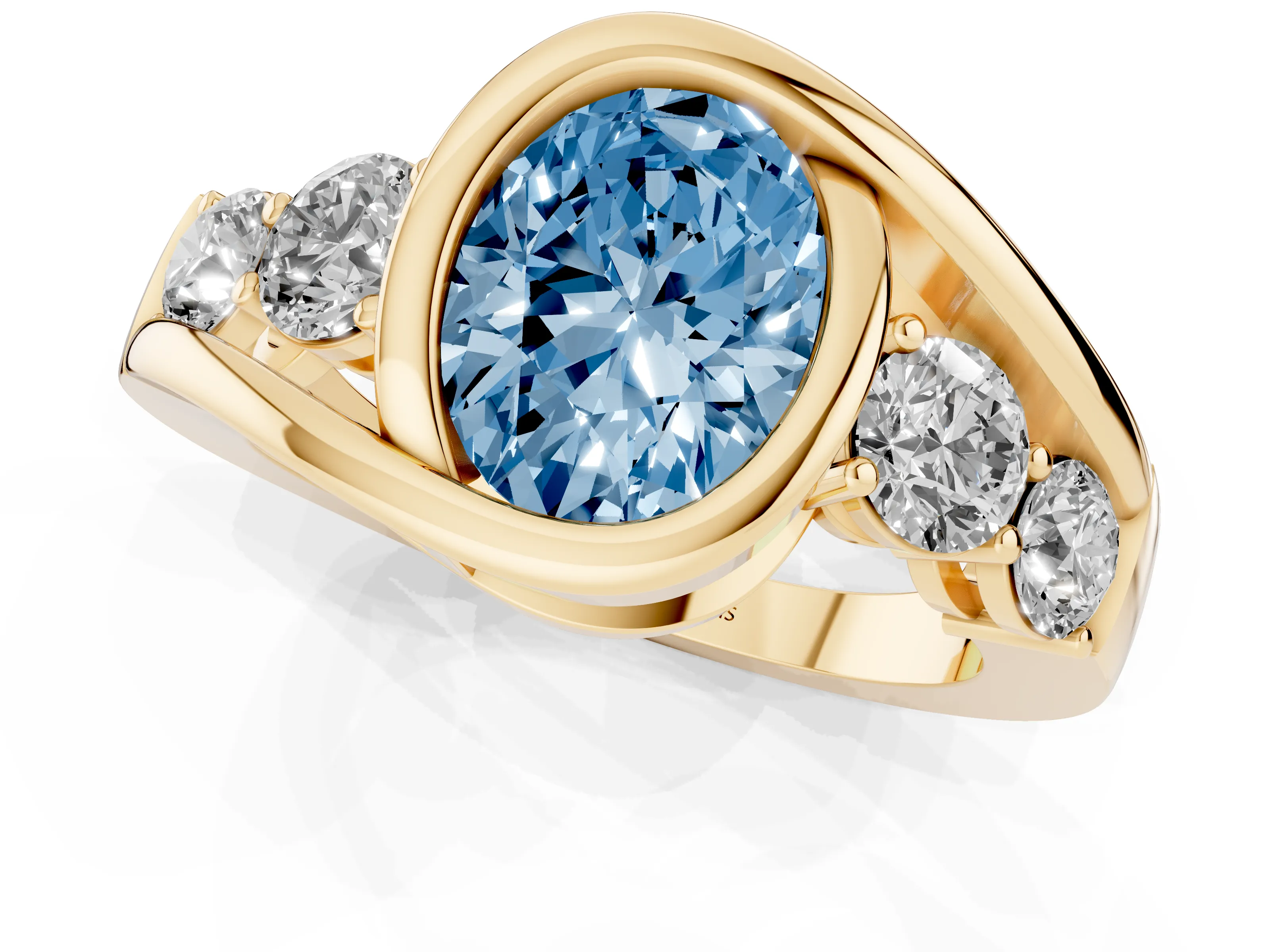 Fancy Blue Oval Cut Diamond Bezel Bypass Ring Set in Yellow gold with Round Accents