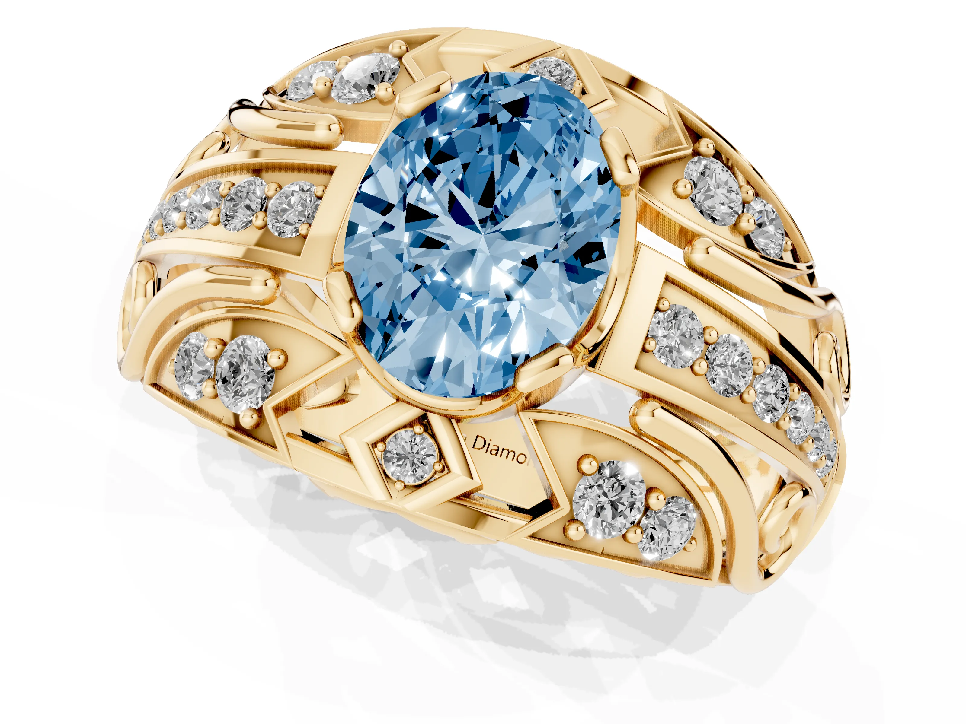 Fancy Blue Oval Cut Diamond Art Deco Ring Set in Yellow gold with Pavé Split Shank