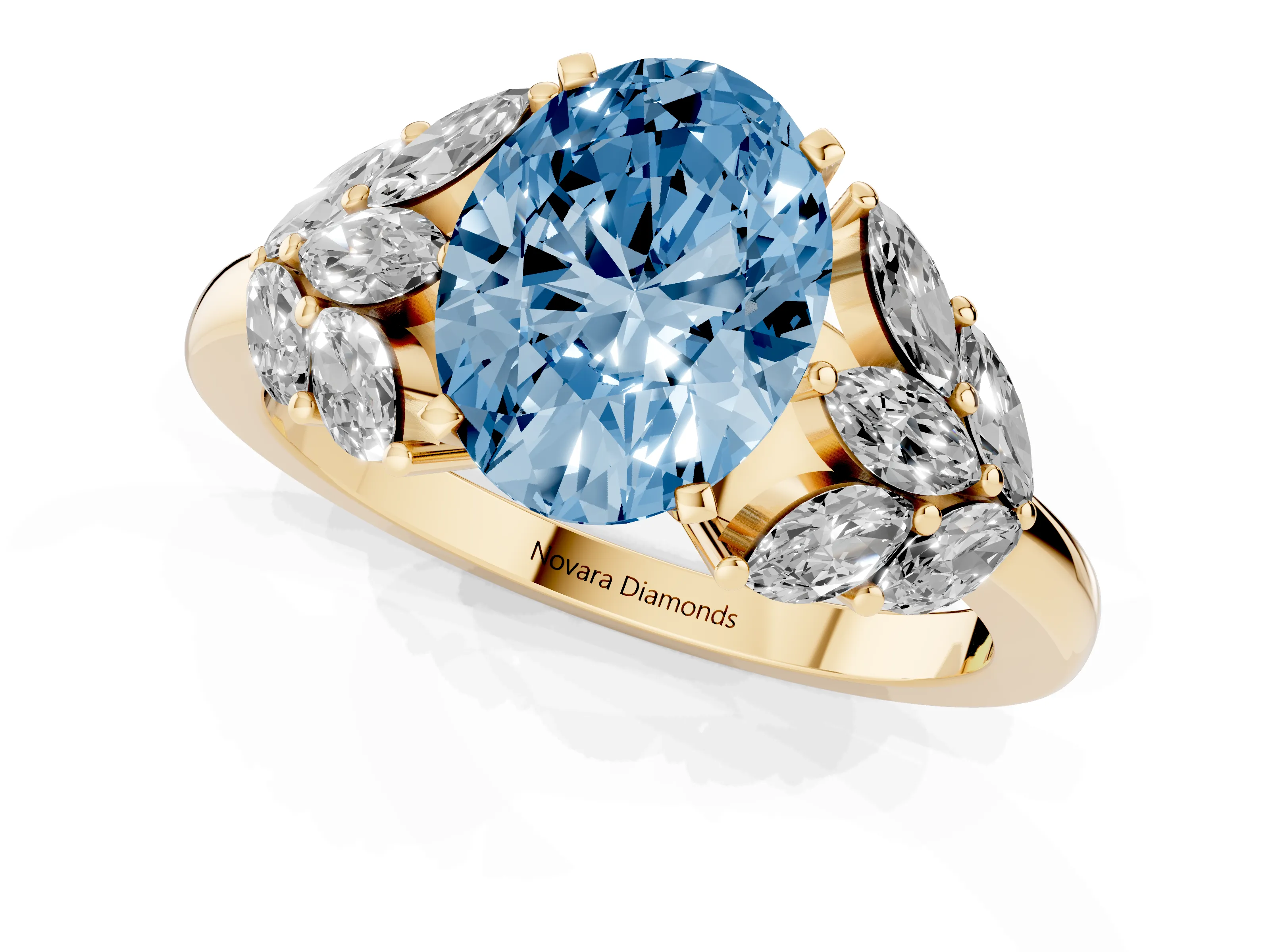 Fancy Blue Oval Cut Diamond Cluster Leaf Design Ring Set in Yellow gold with Prong Setting