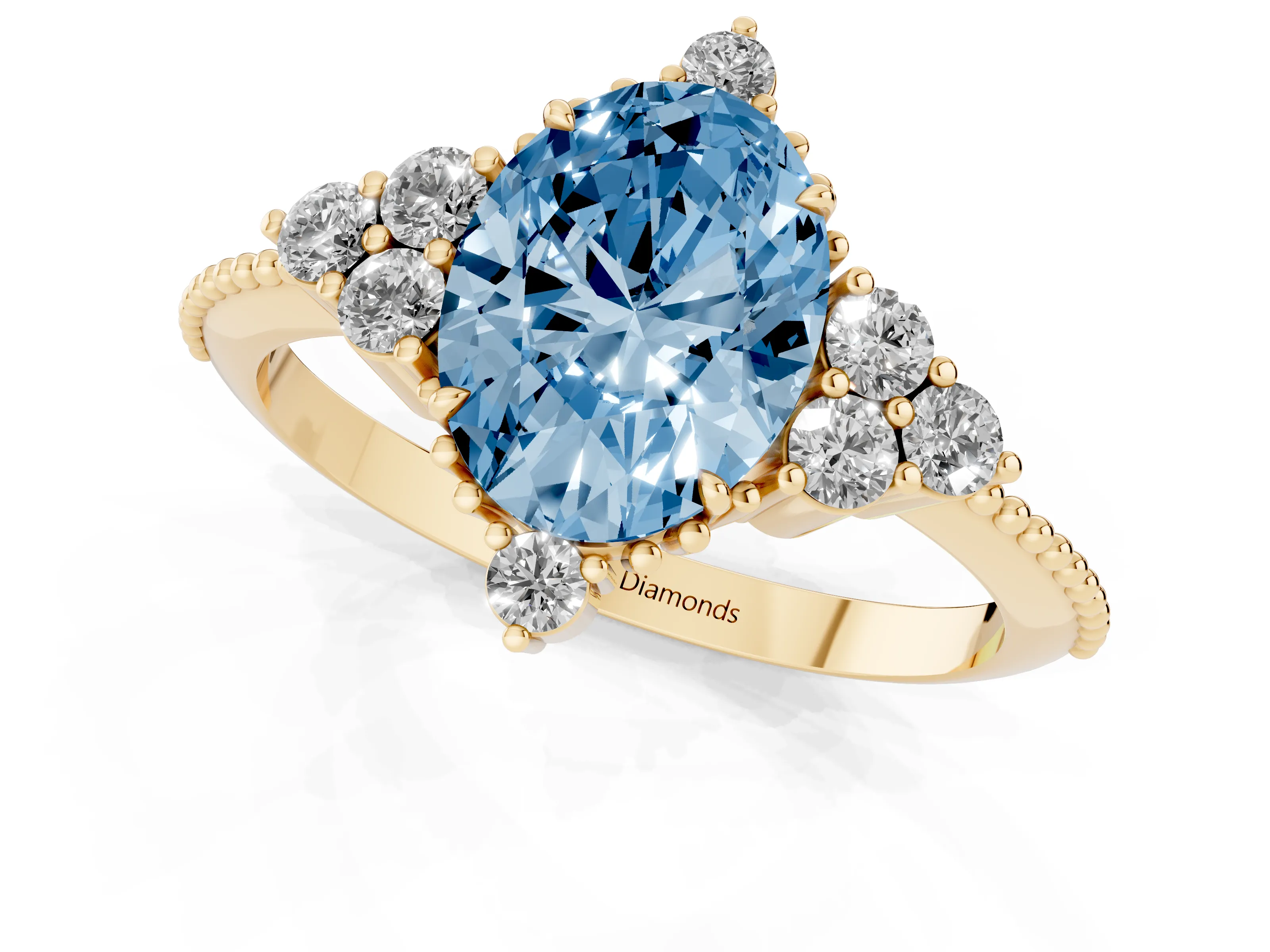 Fancy Blue Oval Cut Diamond Cluster Ring Set in Yellow gold with Beaded Band