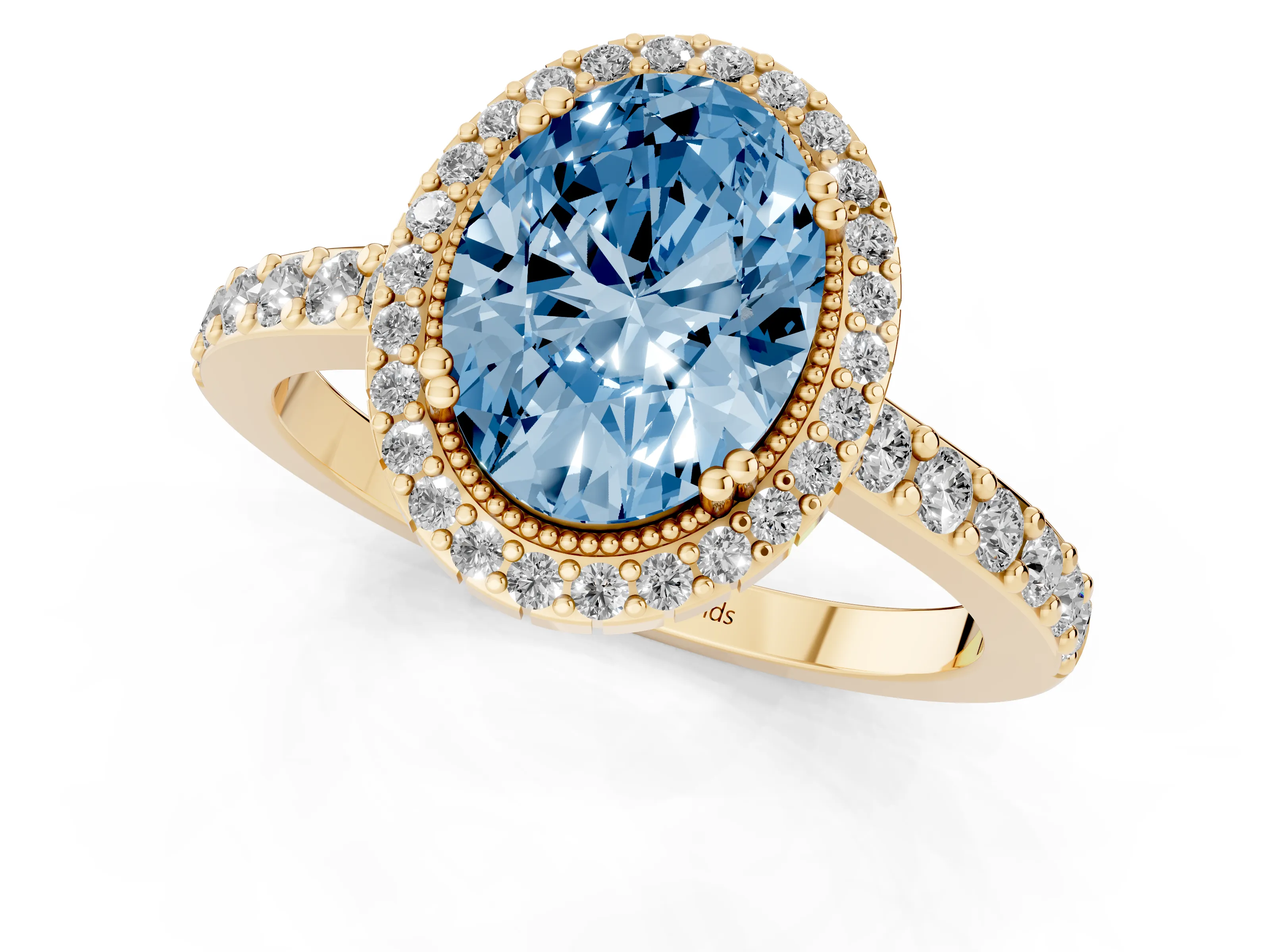 Fancy Blue Oval Cut Diamond Halo Engagement Ring Set in Yellow gold with Milgrain Detail and Pavé Band
