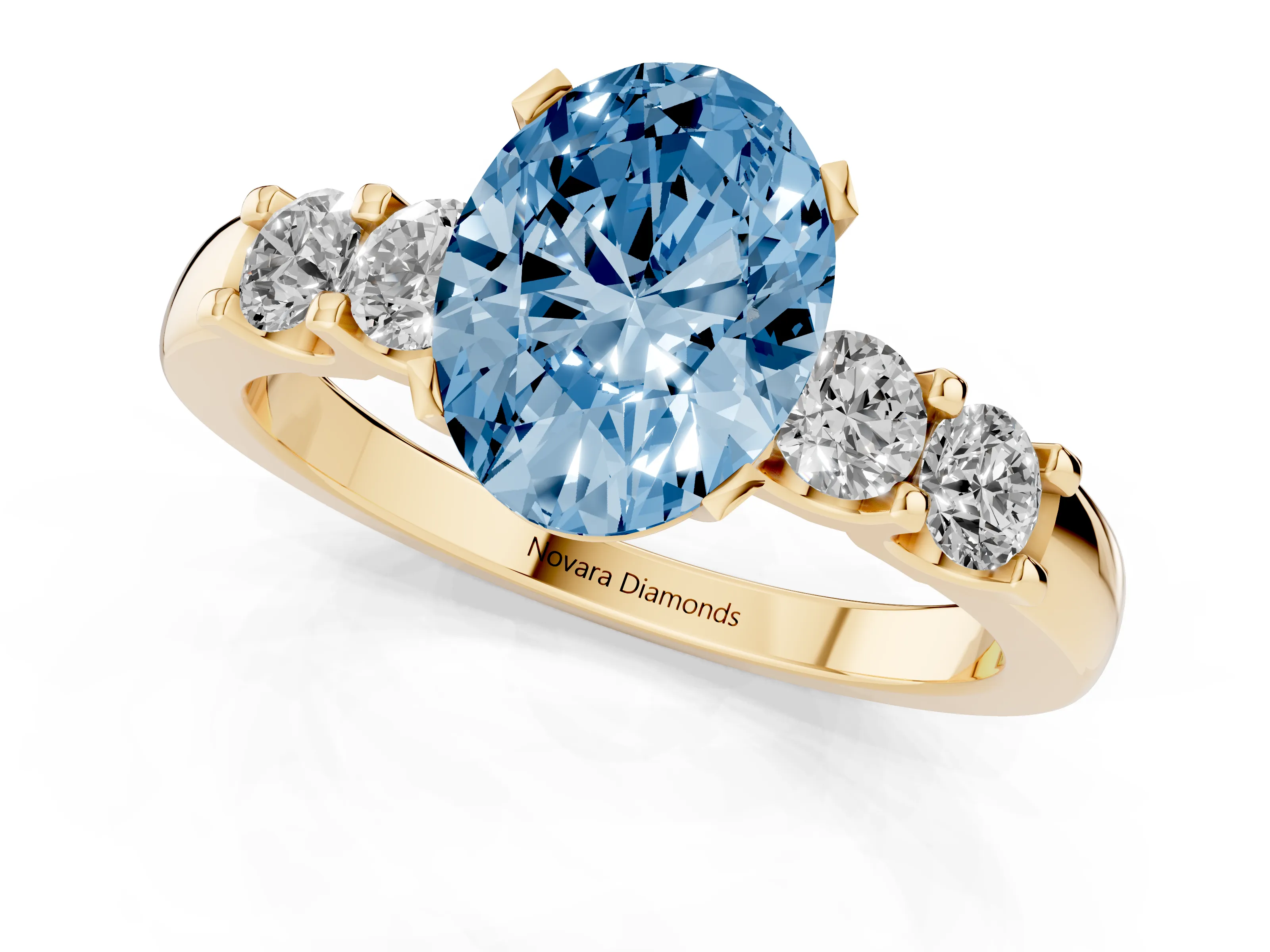 Fancy Blue Oval Cut Diamond Five-Stone Prong Set Engagement Ring Set in Yellow gold with Channel Band