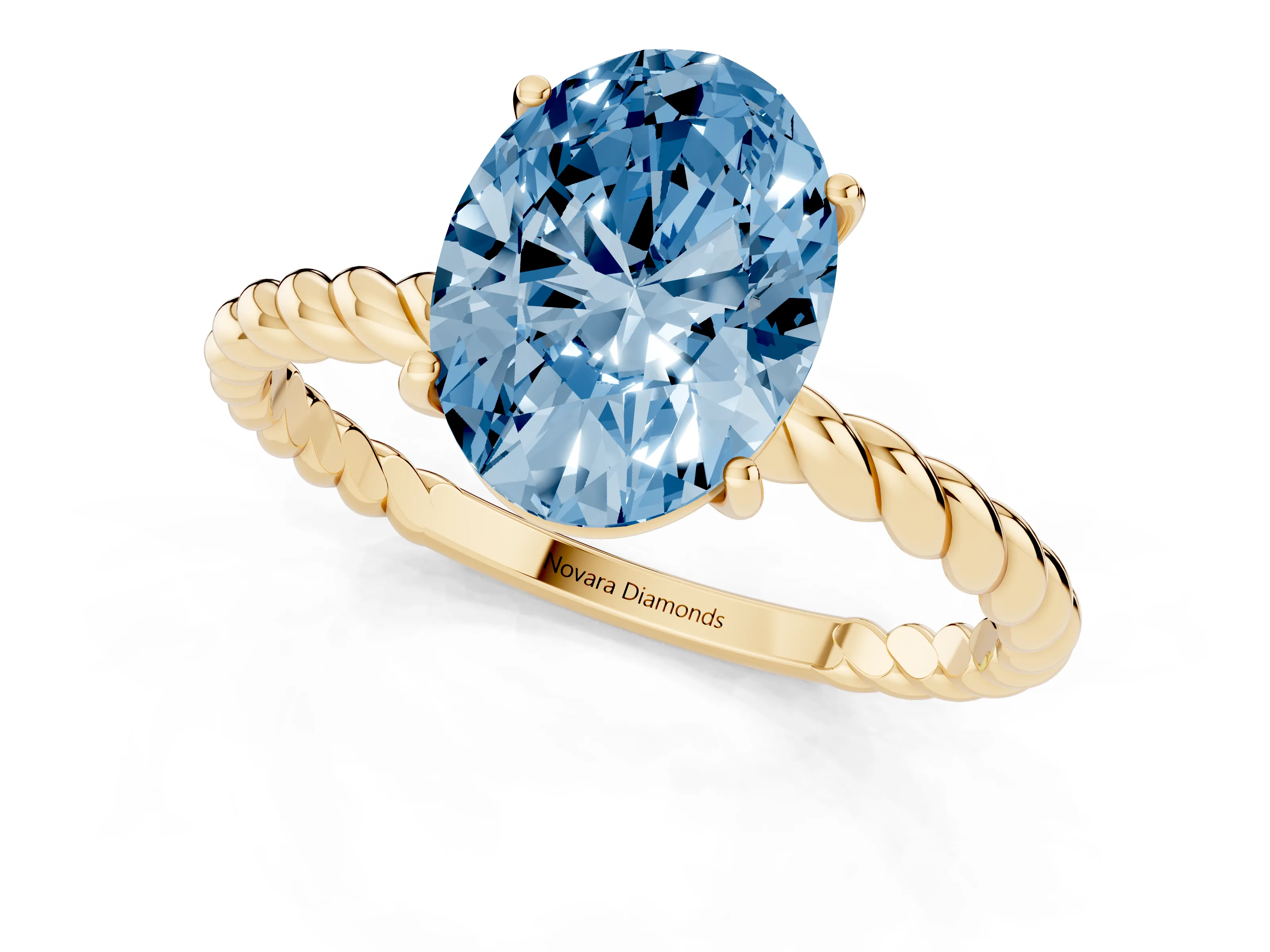 Fancy Blue Oval Cut Diamond Solitaire Twisted Band Ring Set in Yellow gold with Prong Solitaire Setting