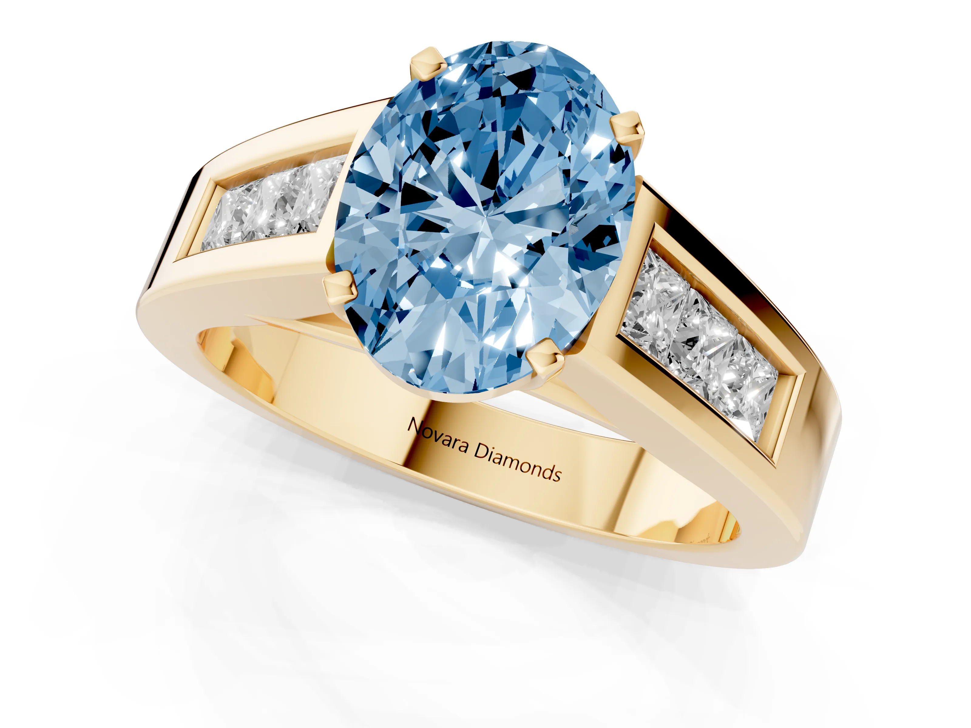Fancy Blue Oval Cut Diamond Solitaire Ring Set in Yellow gold with Channel-Set Accent Stones and Prong Setting