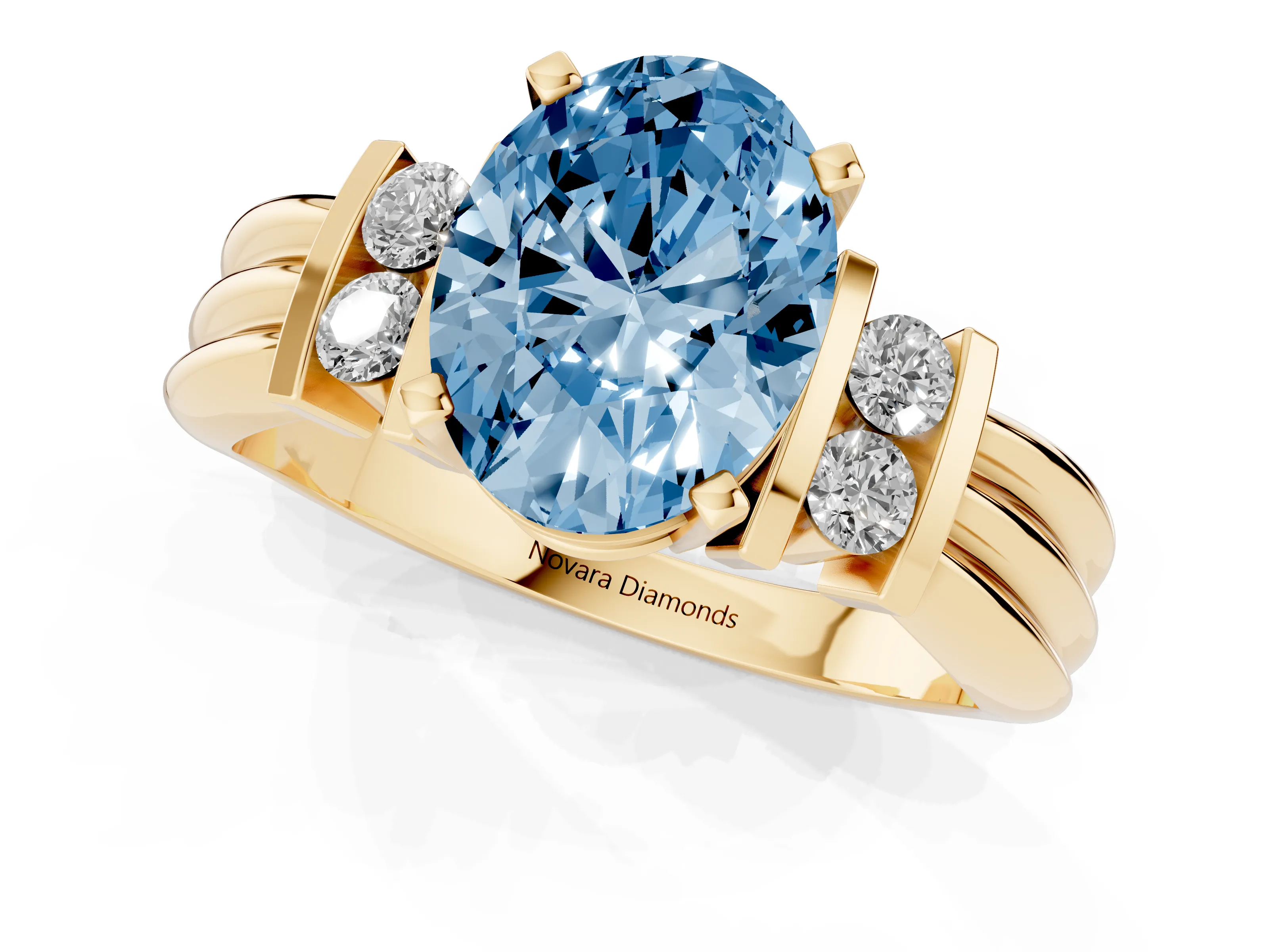Fancy Blue Three-Stone Oval Cut Diamond Channel Set Ring Set in Yellow gold with Bar Prongs