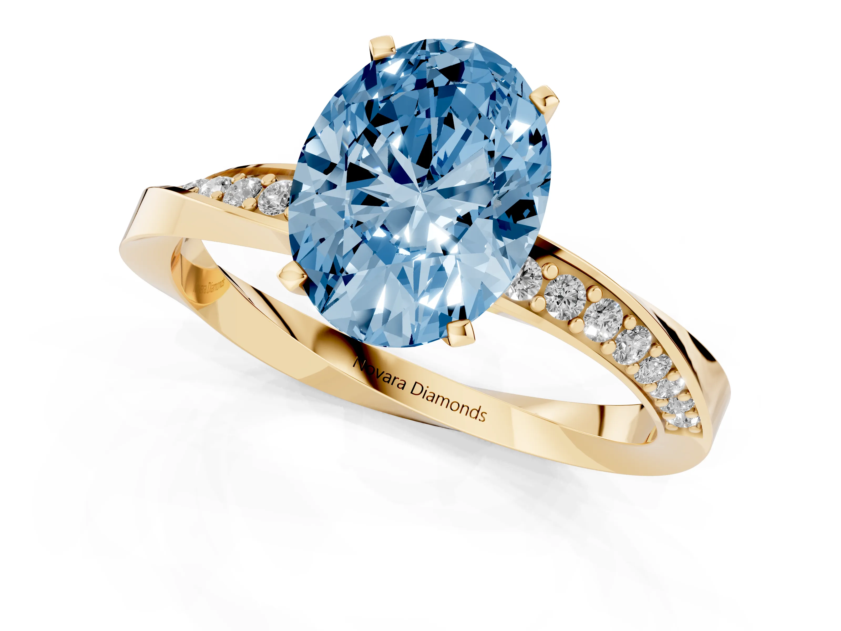 Fancy Blue Oval Cut Diamond Engagement Ring Set in Yellow gold with Side Stone Accents and Prong Setting