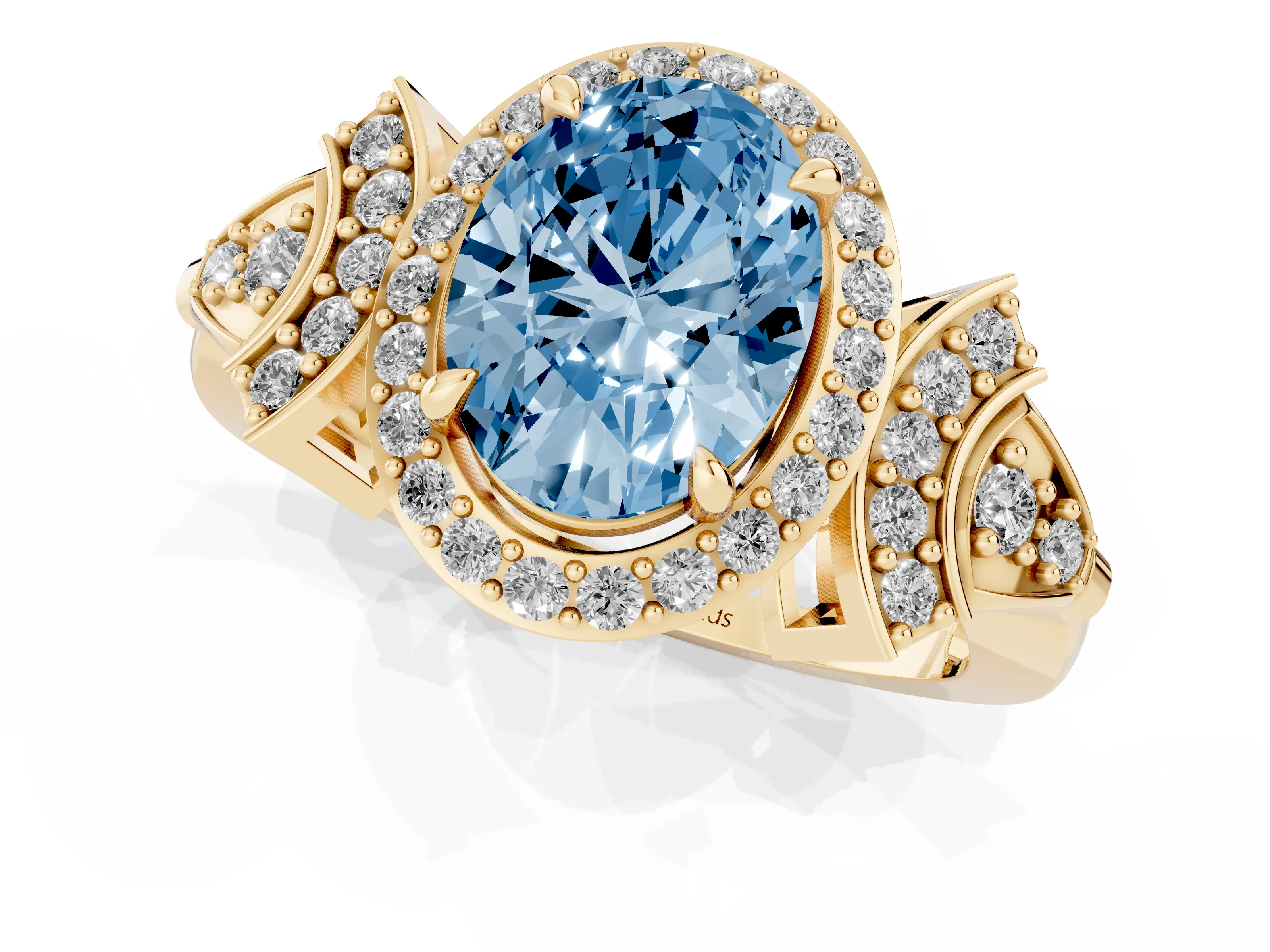 Fancy Blue Oval Cut Diamond Halo Engagement Ring Set in Yellow gold with Accent Stone Split Shank